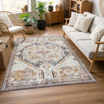 Merkezde büyük geometrik madalyon, çevresinde detaylı klasik desenler ve yumuşak renk geçişleri barındıran bu vintage görünümlü halı, Anadolu, Pers ve oriental halı sanatını modern dijital baskı kalitesiyle bir araya getirir.
