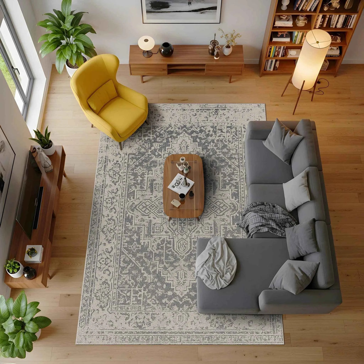 Siyah Beyaz Eskitme Desenli Bej Vintage Salon Halısı