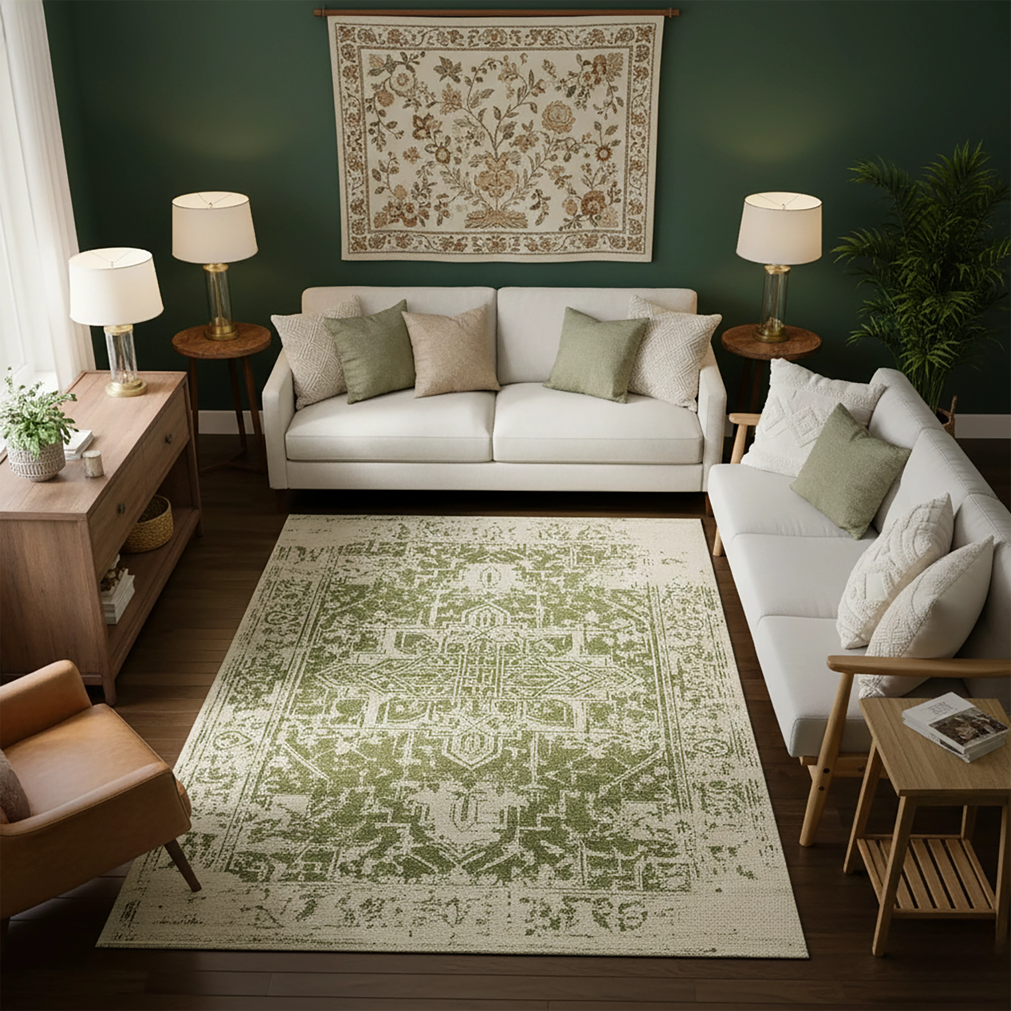 Açık zemin üzerinde pastel yeşil tonlarda, eskitme efektli oryantal ve geometrik motiflerle tasarlanmış dijital baskı halı, simetrik desen yapısı ve yumuşak renk geçişleriyle ferah bir görsel etki sunar. Yüksek çözünürlüklü baskı sayesinde çizgiler net, motif detayları belirgin ve yüzey dokusu homojen görünür. Salon, yatak odası, çalışma alanı ve butik mekanlarda kullanılabilecek bu zarif tasarım, modern ve klasik stili harmanlayan FabricUp koleksiyonuna ait özel bir halıdır.
