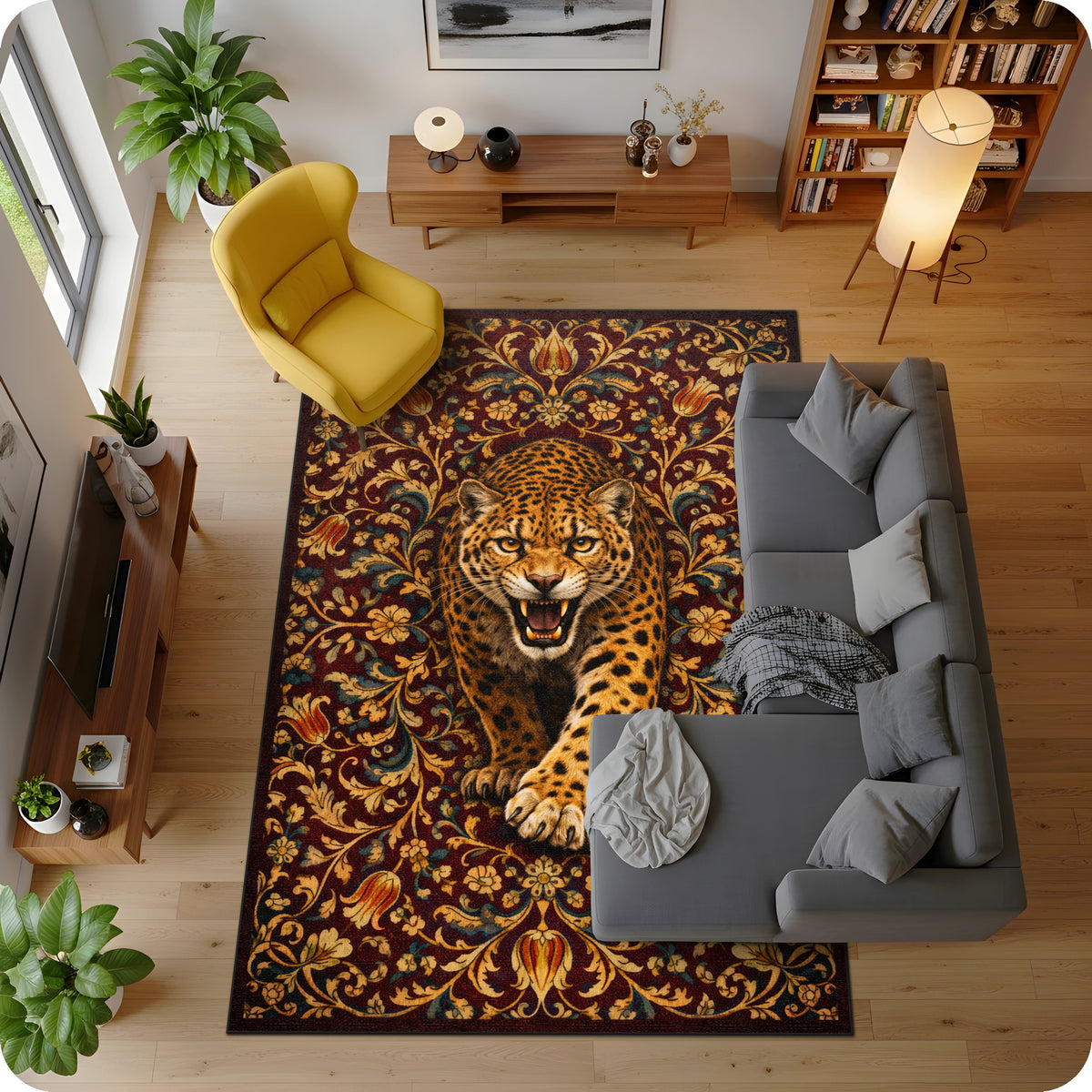 Ornamental ve doğa esintili dekoratif halı tasarımı, merkezde zarif ve güçlü leopar figürü içerir. Koyu tonlu zemin üzerinde detaylı floral motifler ve zengin renk geçişleri ile estetik bir görünüm sunar.
