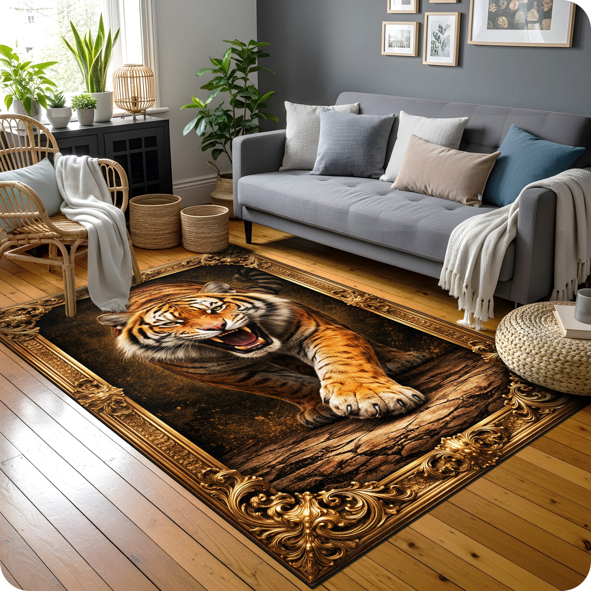 Oriental ve klasik stilin birleştiği dekoratif halı, merkezde gerçekçi kaplan illüstrasyonu barındırır. Koyu zemin üzerinde yer alan figür, simetrik ve kıvrımlı ornamental bordürlerle çevrelenmiştir.
