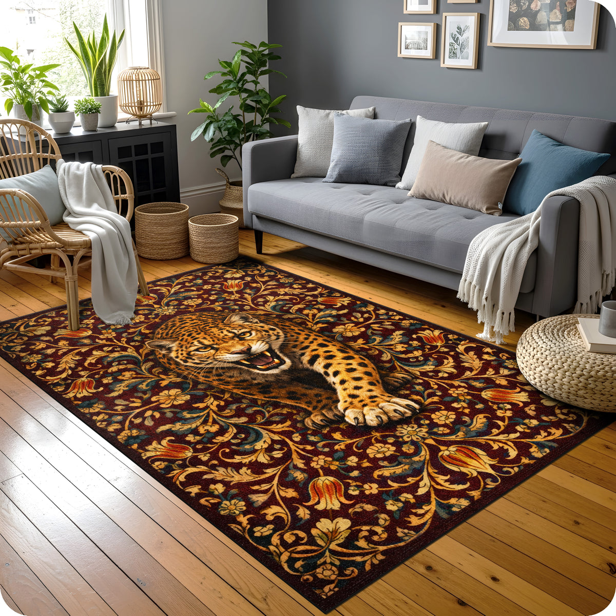 Vintage ve doğa temalı dekoratif halı tasarımı, merkezde dinamik leopar figürü ile öne çıkar. Koyu tonlu zemin üzerinde yoğun floral motifler ve detaylı desen yapısı estetik ve zengin bir görünüm oluşturur.