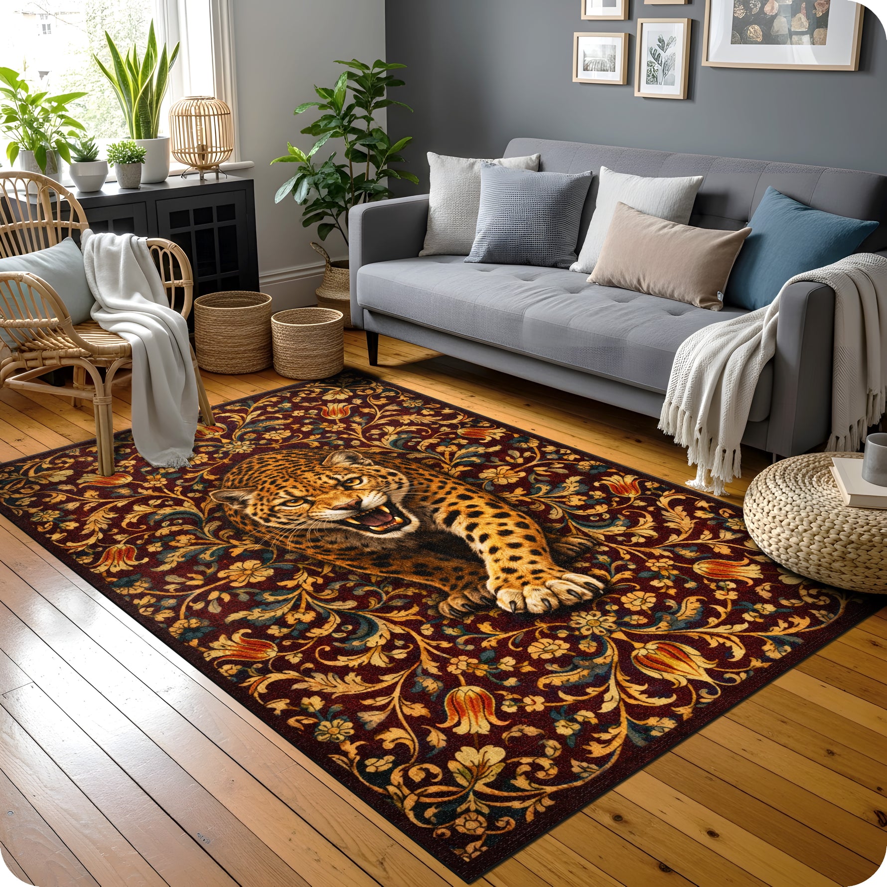Vintage ve doğa temalı dekoratif halı tasarımı, merkezde dinamik leopar figürü ile öne çıkar. Koyu tonlu zemin üzerinde yoğun floral motifler ve detaylı desen yapısı estetik ve zengin bir görünüm oluşturur.