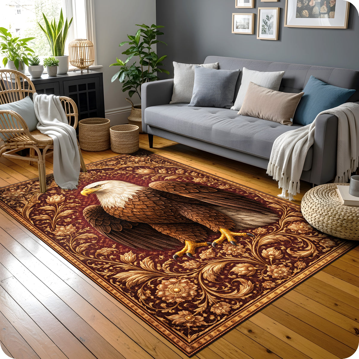 Klasik persian tarzda hazırlanmış dekoratif halı, merkezde güçlü ve detaylı kartal figürü ile dikkat çeker. Koyu zemin üzerinde konumlanan figür, simetrik ve ornamental bordürlerle dengeli bir görünüm sunar.