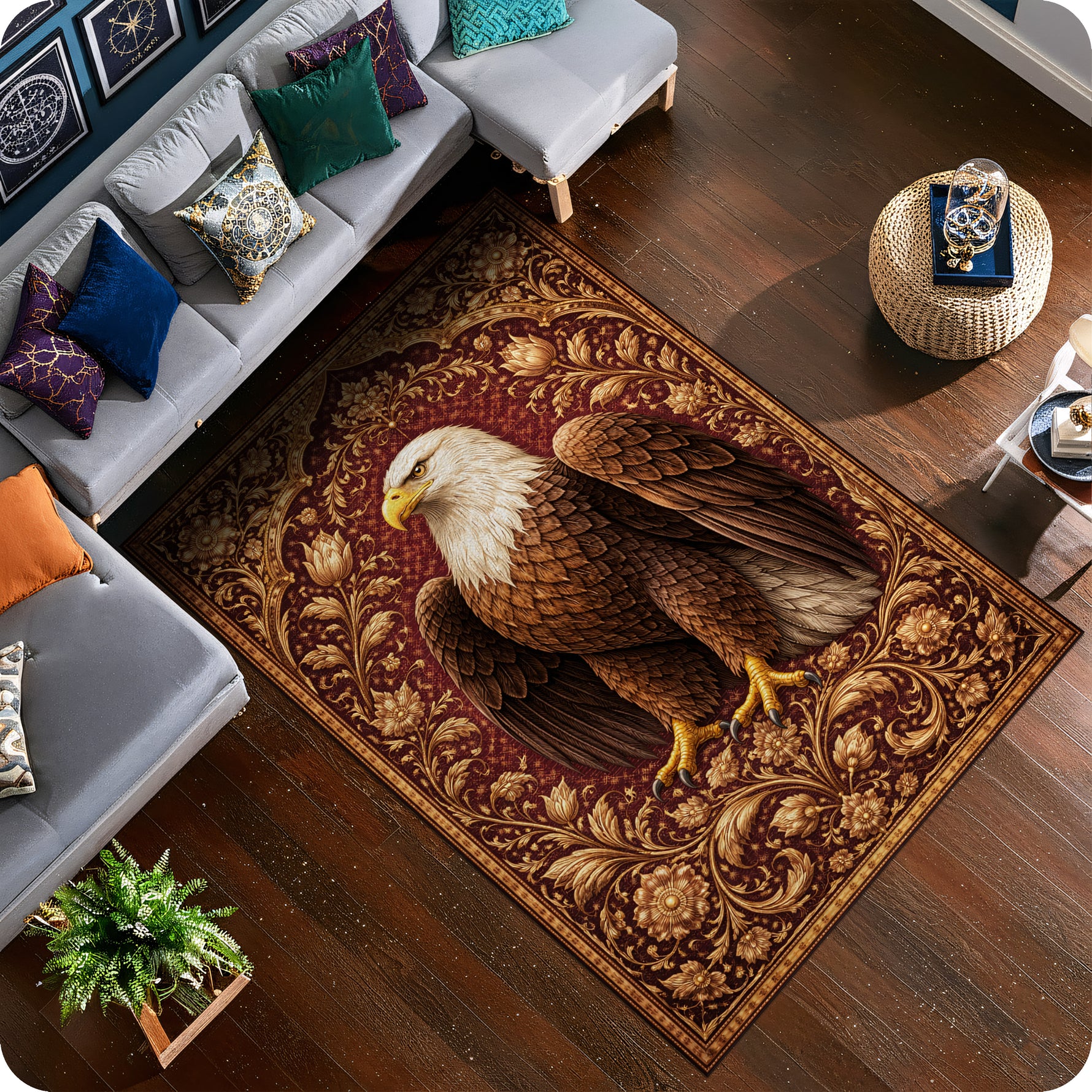 Klasik ve vintage stilde tasarlanmış dekoratif halı, merkezde detaylı ve gerçekçi kartal figürü içerir. Koyu kırmızı zemin üzerinde yer alan figür, altın tonlu floral ve ornamental bordürlerle çevrelenmiştir.