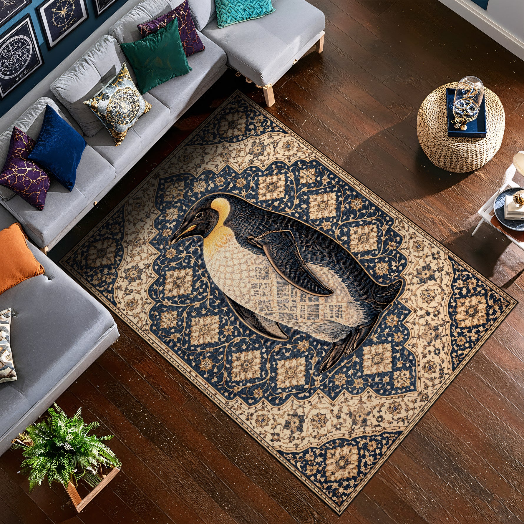 Klasik ve sanatsal stilde tasarlanmış dekoratif halı, merkezde detaylı penguen figürü içerir. Lacivert zemin üzerinde yoğun ornamental motifler ve açık tonlu detaylar ile dengeli ve dikkat çekici bir kompozisyon sunar.