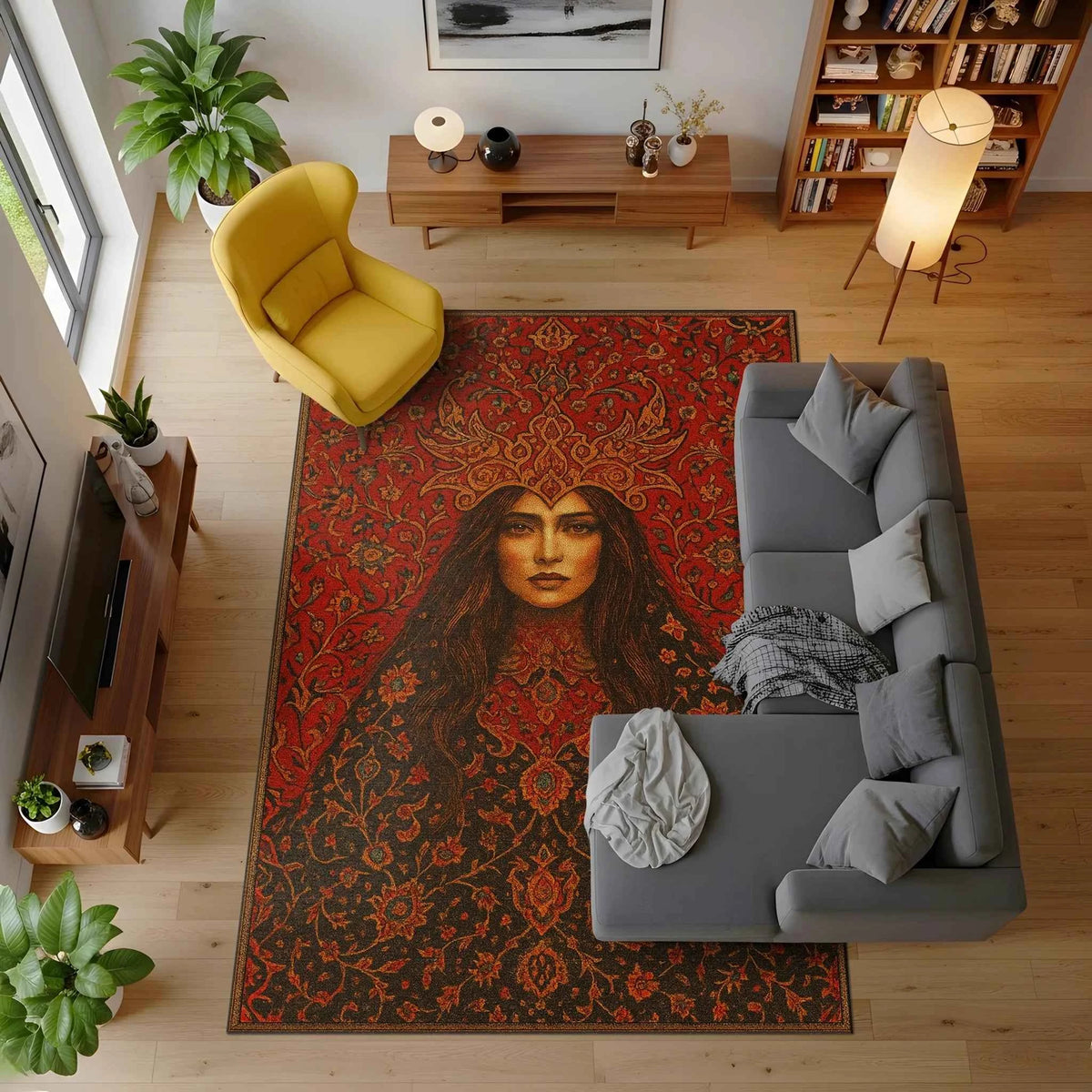 Kırmızı Vintage Kadın Portreli ve Etnik Desenli Sanatsal Halı