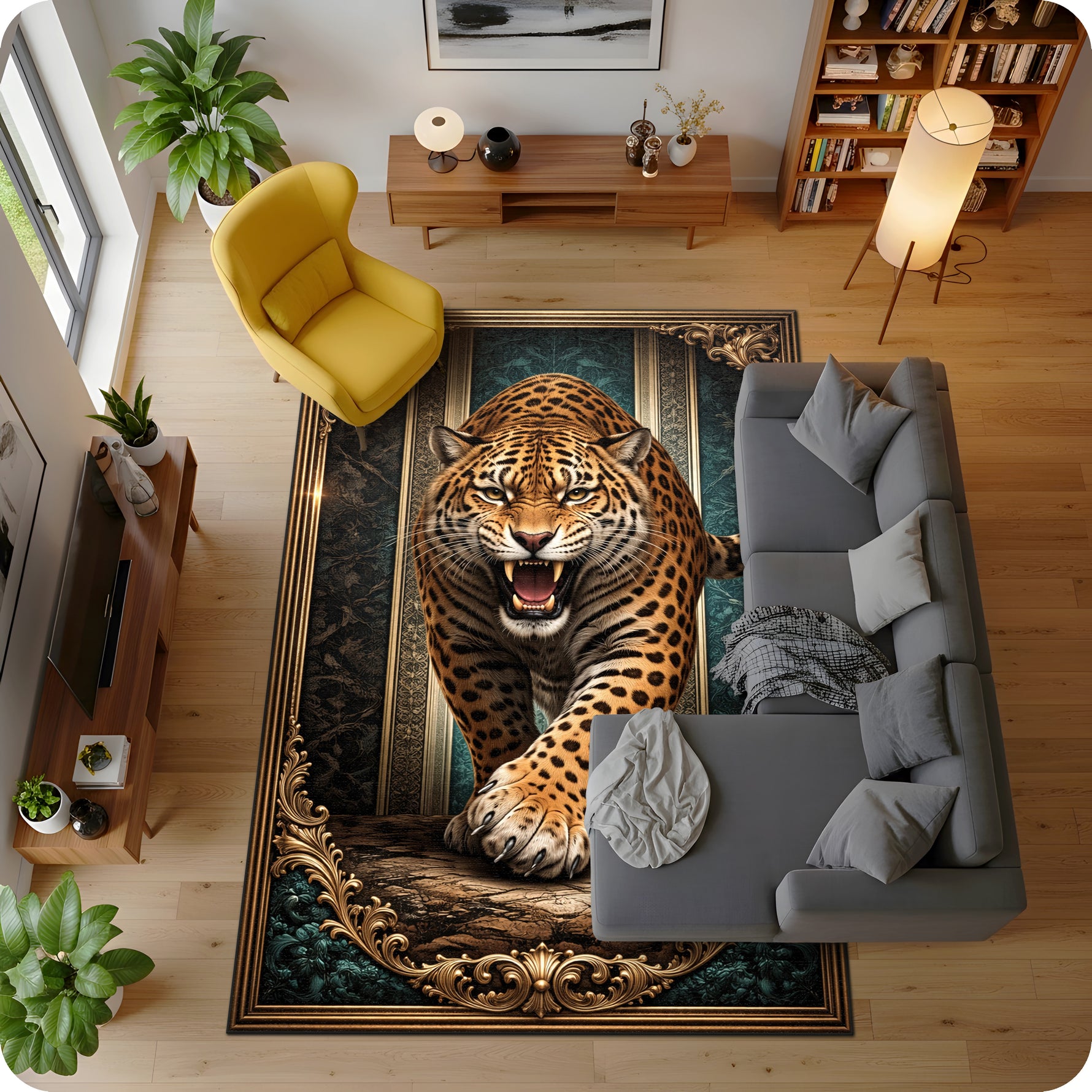 Klasik persian tarzda hazırlanmış dekoratif halı, merkezde güçlü ve detaylı leopar figürü ile dikkat çeker. Koyu zemin üzerinde konumlanan figür, simetrik ve ornamental bordürlerle dengeli görünüm sunar.