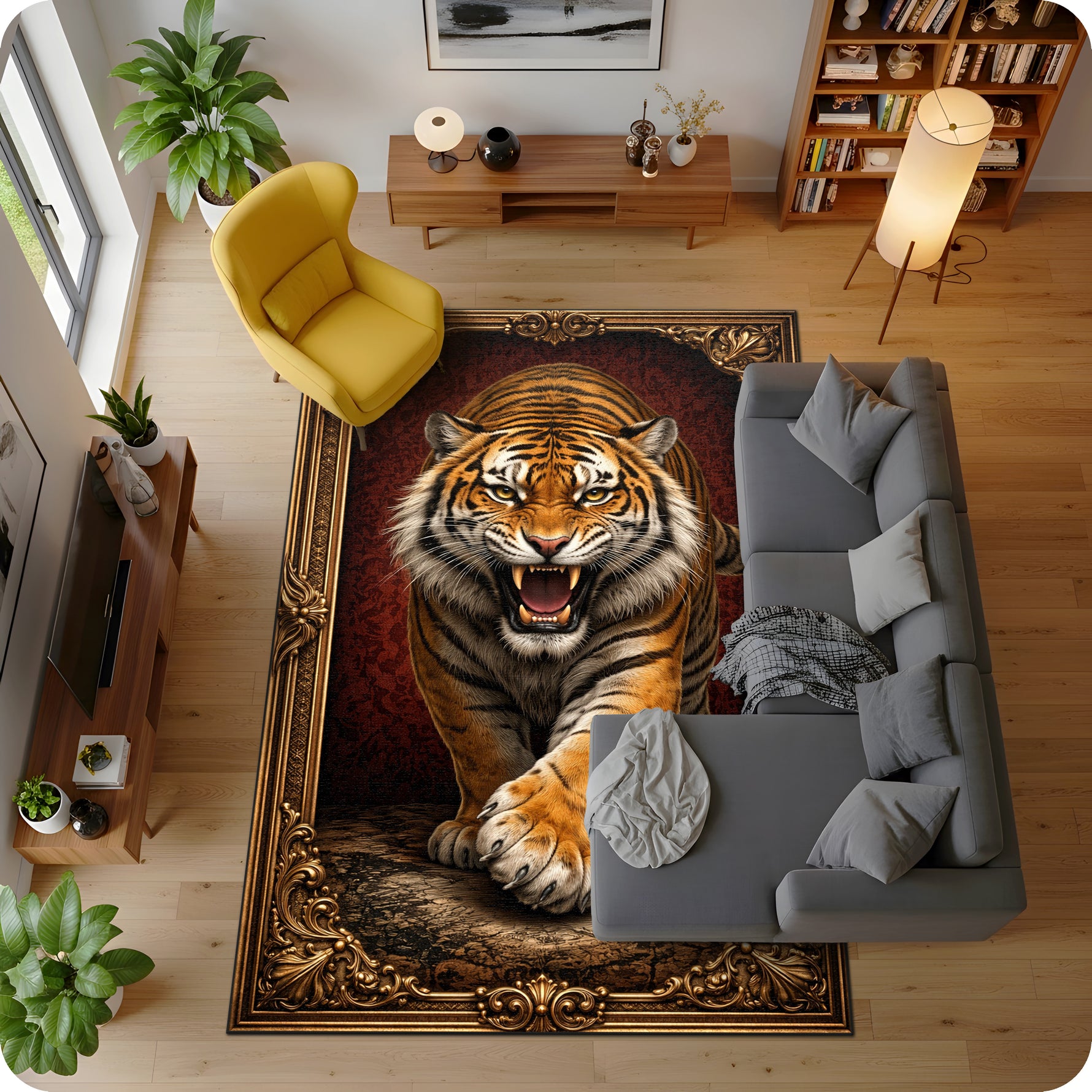 Barok ve persian etkili dekoratif halı tasarımı, merkezde gerçekçi ve güçlü kaplan figürü ile öne çıkar. Yuvarlak madalyon formu ve altın tonlu floral bordürler zengin bir kompozisyon oluşturur.