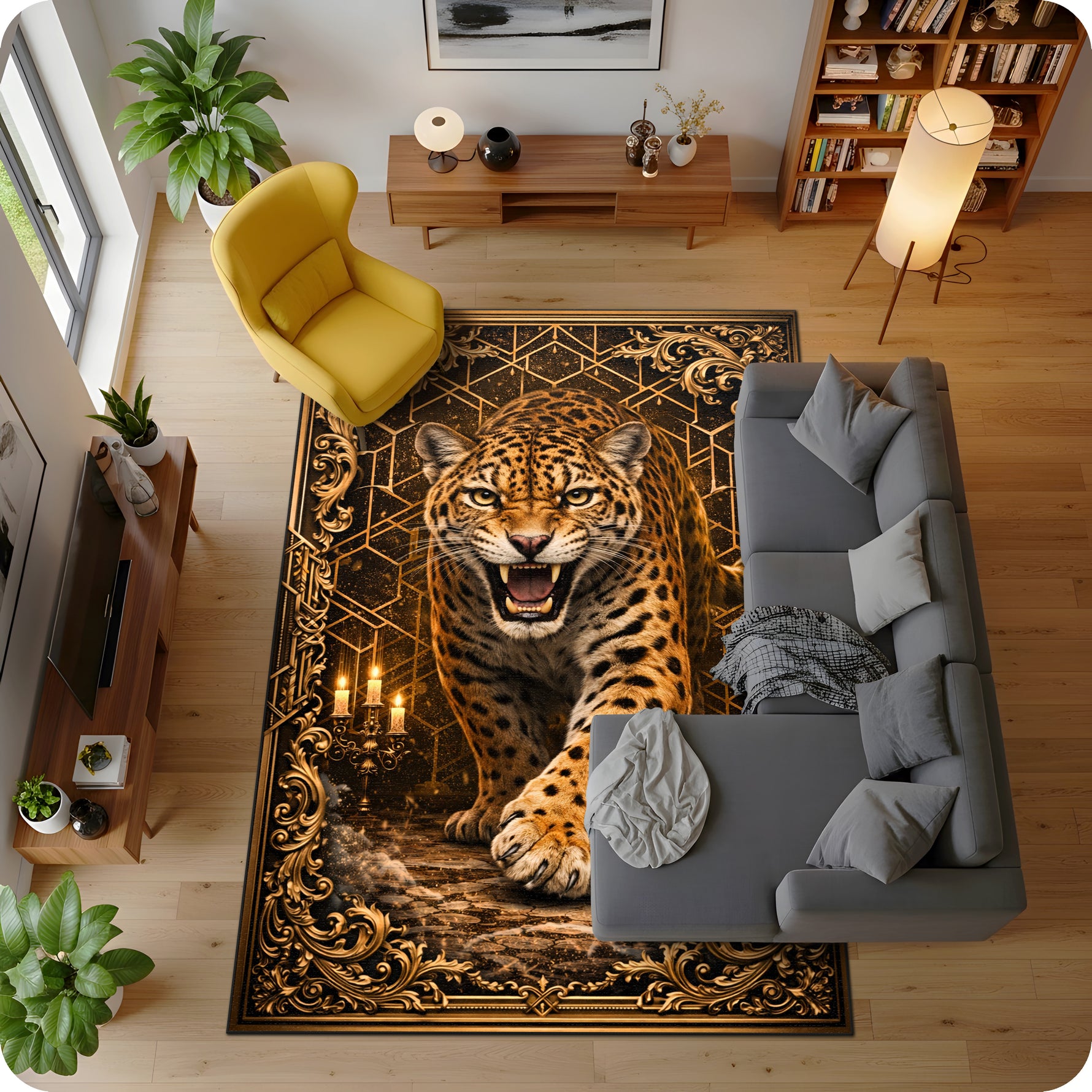 Barok ve persian etkili dekoratif halı tasarımı, merkezde agresif duruşa sahip leopar figürü ile öne çıkar. Koyu zemin üzerinde altın tonlu geometrik ve kıvrımlı bordür detayları zengin bir kompozisyon oluşturur.