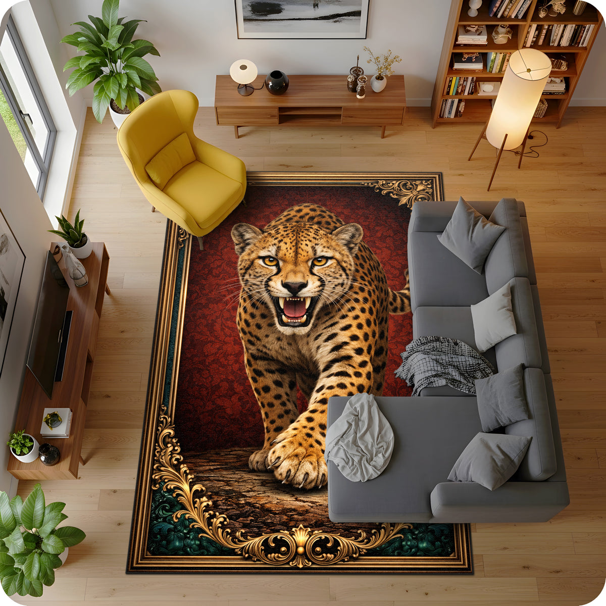 Klasik persian tarzda hazırlanmış dekoratif halı, merkezde güçlü ve detaylı leopar figürü ile dikkat çeker. Koyu zemin üzerinde konumlanan figür, simetrik ve ornamental bordürlerle dengeli görünüm sunar.