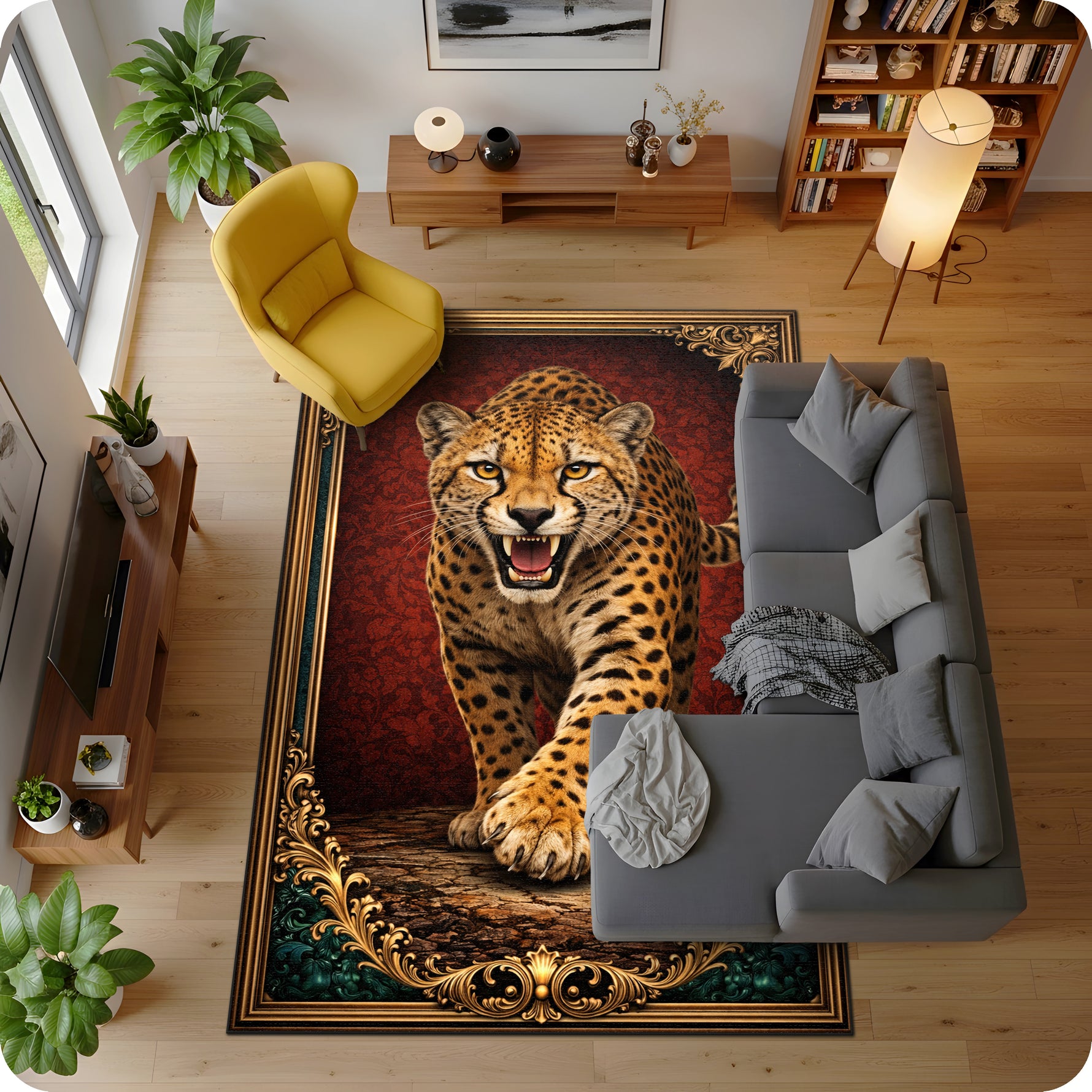Klasik persian tarzda hazırlanmış dekoratif halı, merkezde güçlü ve detaylı leopar figürü ile dikkat çeker. Koyu zemin üzerinde konumlanan figür, simetrik ve ornamental bordürlerle dengeli görünüm sunar.