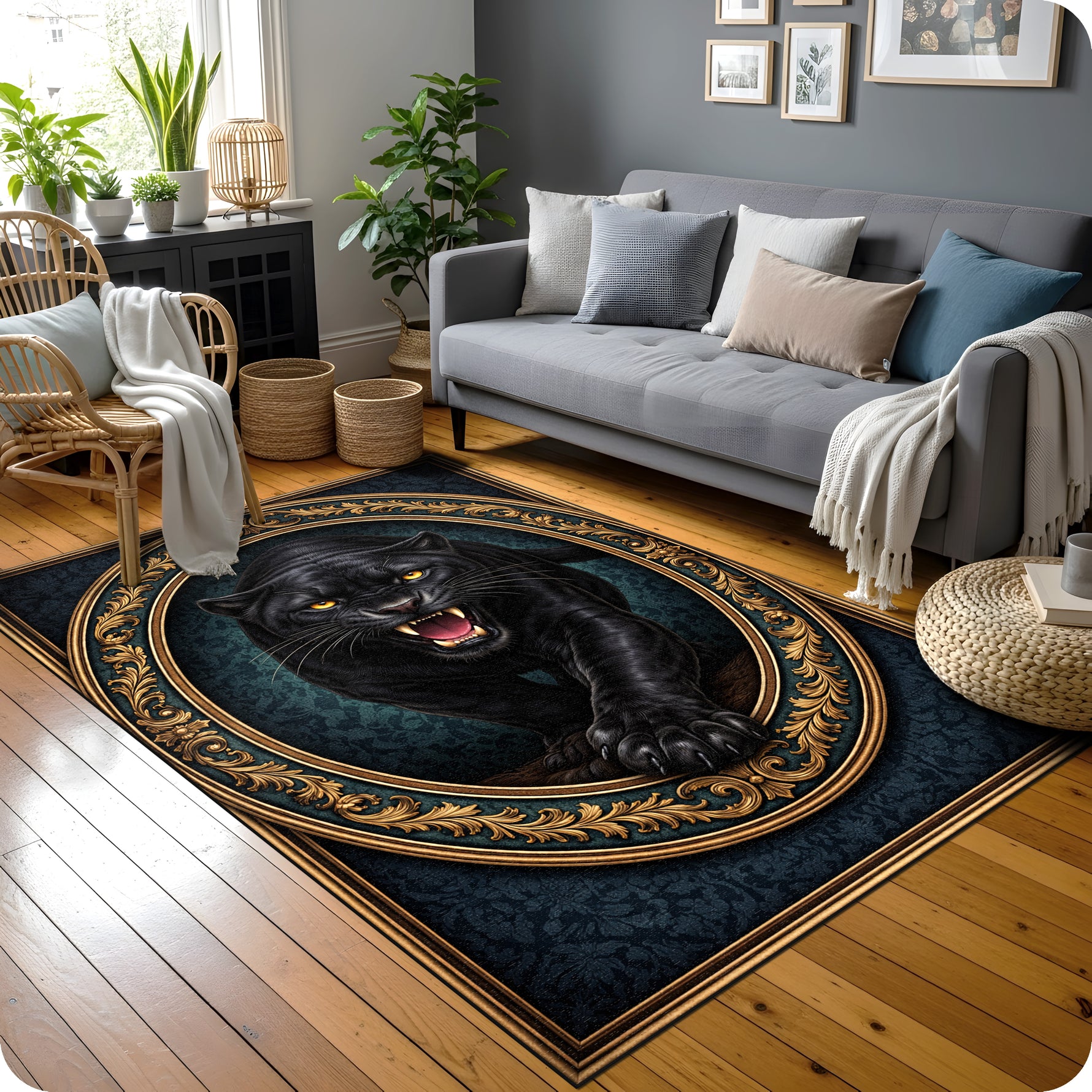 Klasik persian tarzda hazırlanmış dekoratif halı, merkezde detaylı siyah panter figürü ile öne çıkar. Yuvarlak madalyon çevresinde altın tonlu ornamental ve floral motifler dengeli bir görünüm oluşturur.