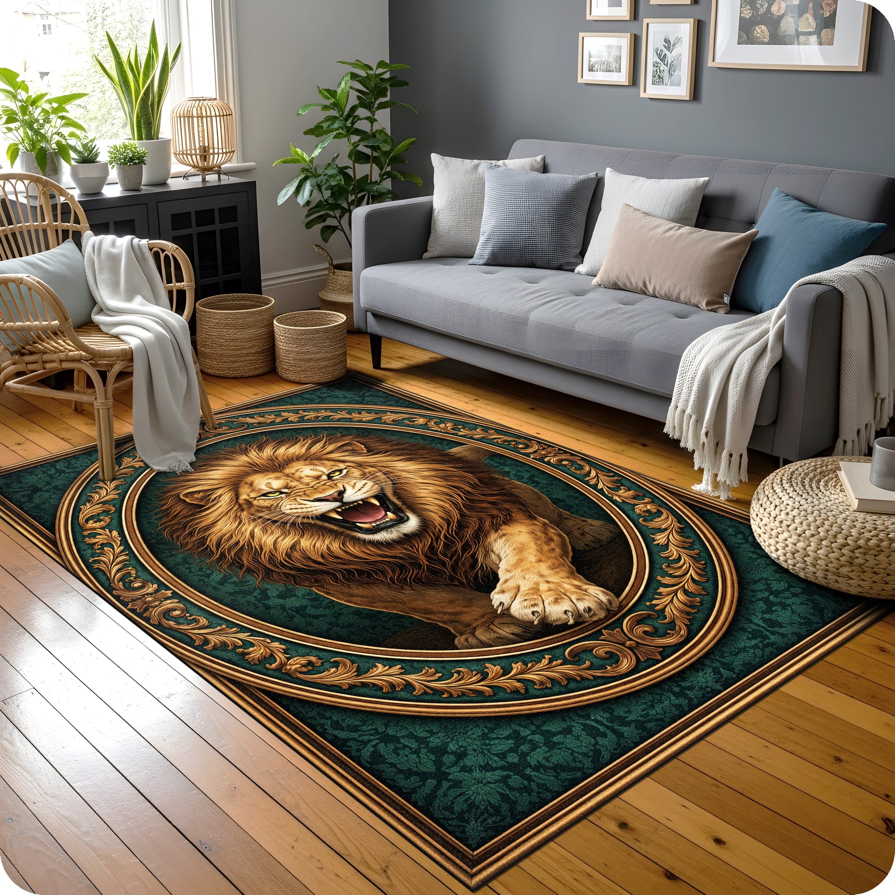 Barok ve oriental stilin birleştiği dekoratif halı, merkezde güçlü aslan illüstrasyonu barındırır. Yuvarlak madalyon yapısı ve altın tonlu klasik bordürlerle çevrelenmiş zengin desen sunar.