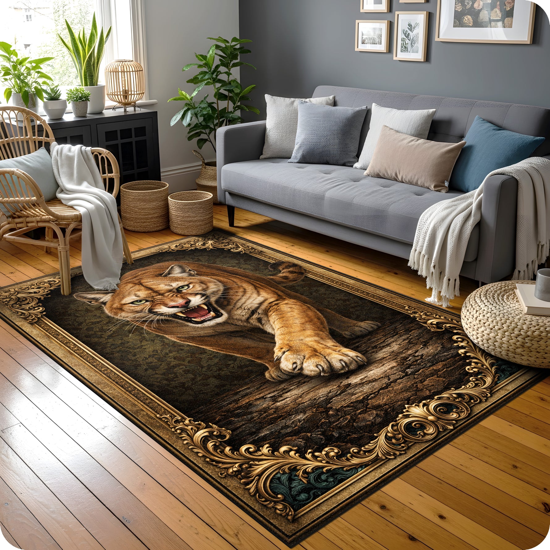 Oriental ve klasik stilin birleştiği dekoratif halı, merkezde gerçekçi puma illüstrasyonu barındırır. Koyu zemin üzerinde yer alan figür, simetrik ve kıvrımlı ornamental bordürlerle çevrelenmiştir.