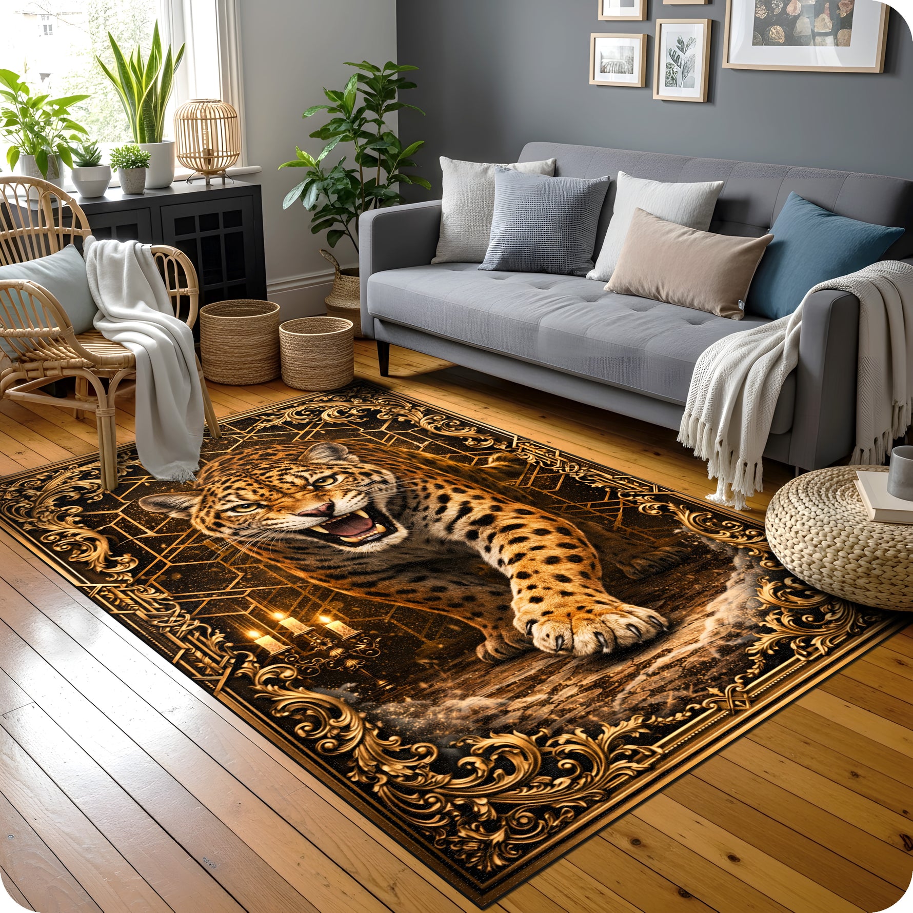 Sanatsal ve vintage dekoratif halı tasarımı, merkezde dinamik ve güçlü leopar figürü içerir. Koyu zemin üzerinde yer alan figür, etrafındaki altın tonlu ornamental ve geometrik desenlerle zengin kompozisyon oluşturur.