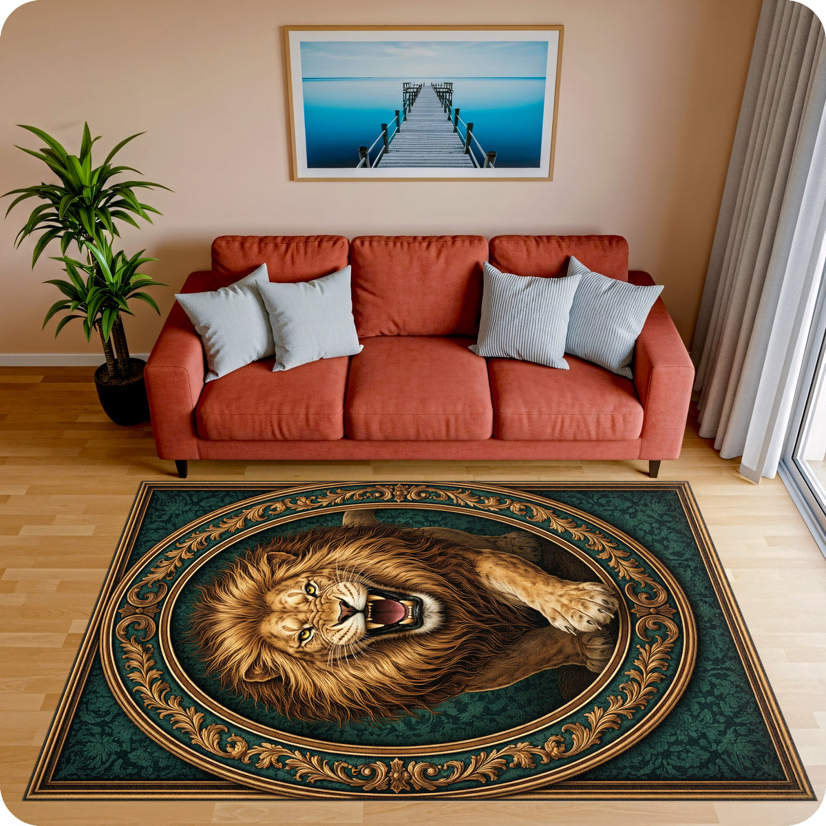 Sanatsal ve klasik dekoratif halı tasarımı, merkezde güçlü aslan figürü içerir. Yuvarlak medalyon içinde yer alan figür, altın tonlu ornamental motiflerle çevrelenmiş zengin desen kompozisyonu sunar.