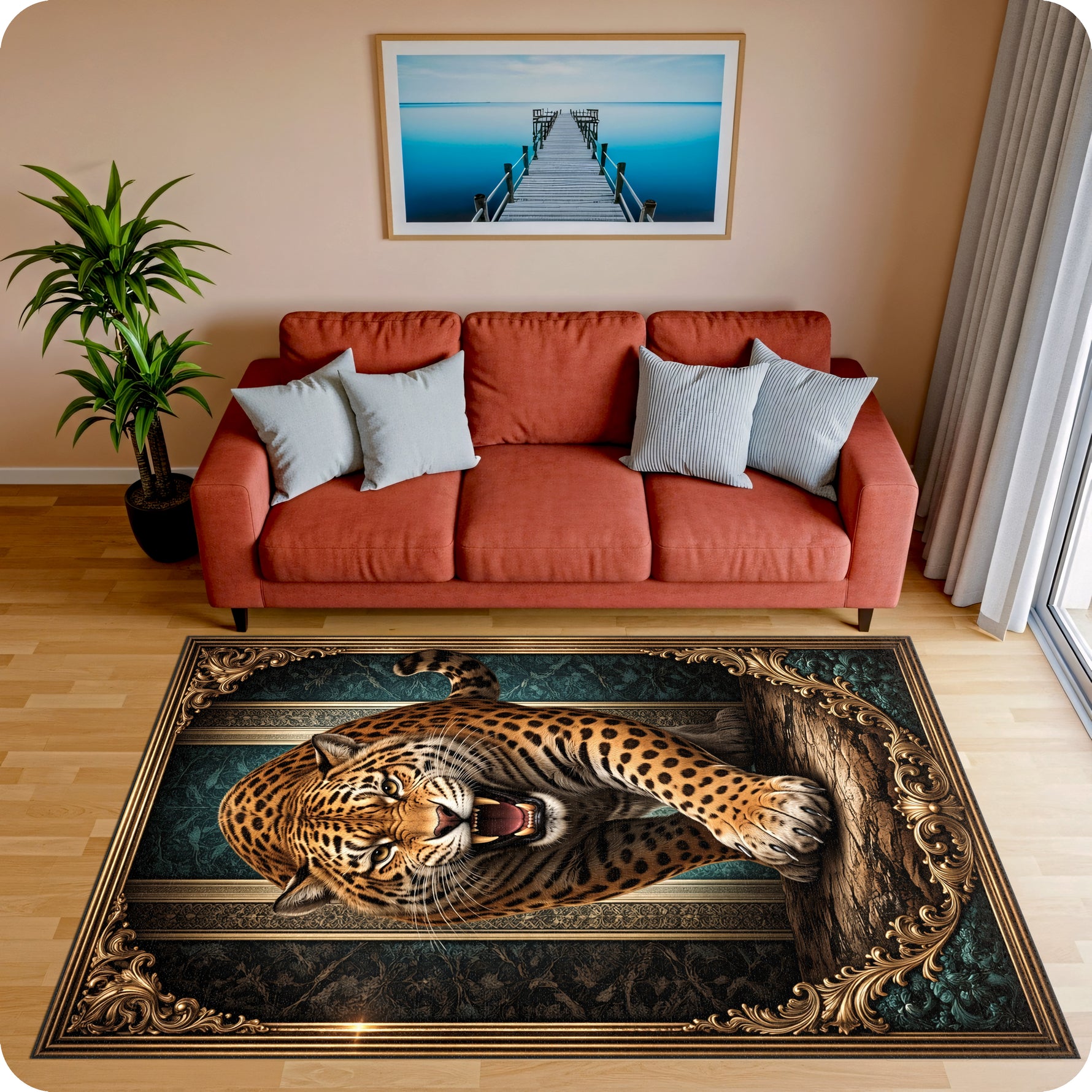 Sanatsal ve vintage dekoratif halı tasarımı, merkezde dinamik ve güçlü leopar figürü içerir. Koyu tonlu zemin üzerinde yer alan figür, etrafındaki klasik ve ornamental desenlerle zengin kompozisyon oluşturur.