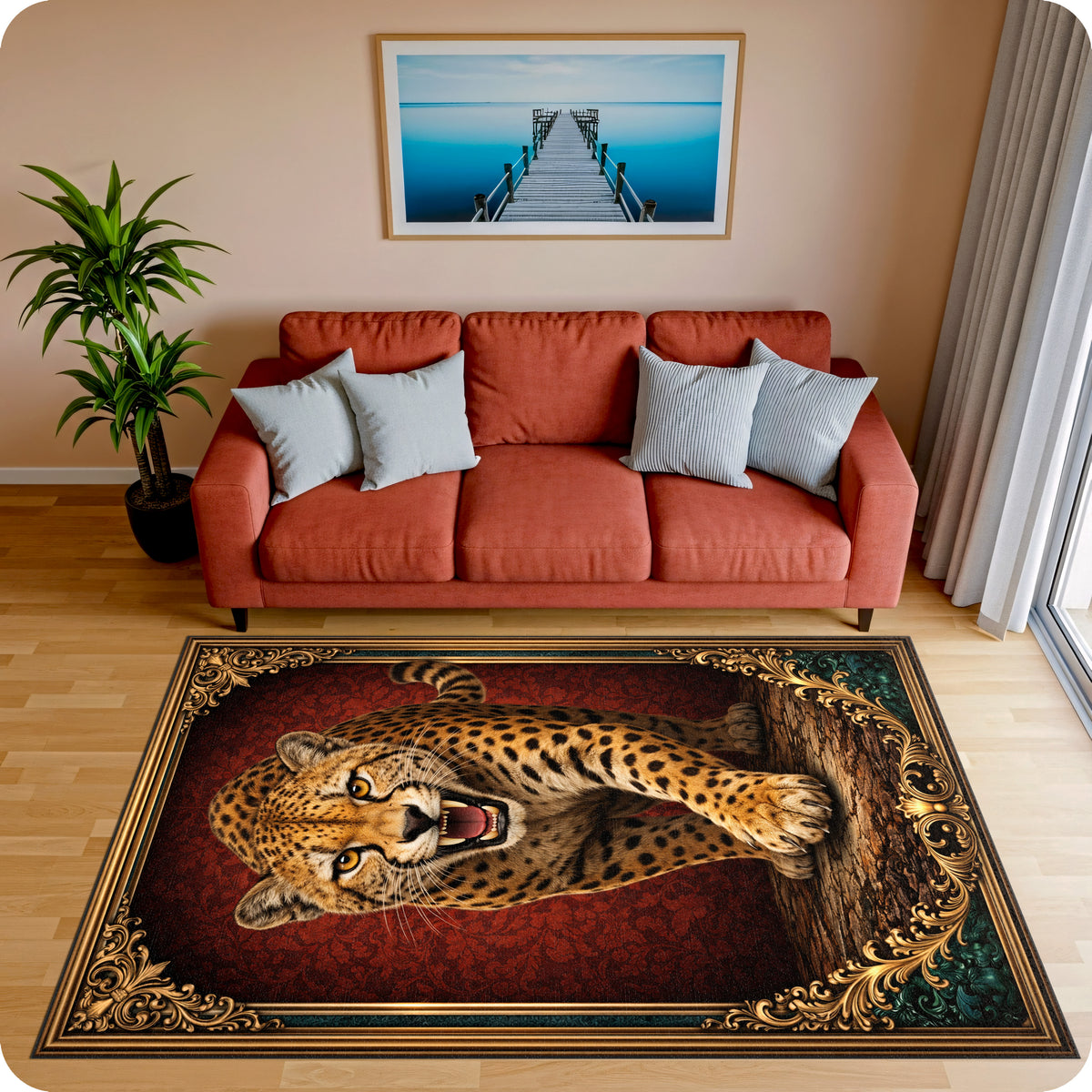 Sanatsal ve vintage dekoratif halı tasarımı, merkezde dinamik ve güçlü leopar figürü içerir. Koyu kırmızı zemin üzerinde yer alan figür, etrafındaki klasik ve ornamental desenlerle zengin kompozisyon oluşturur.