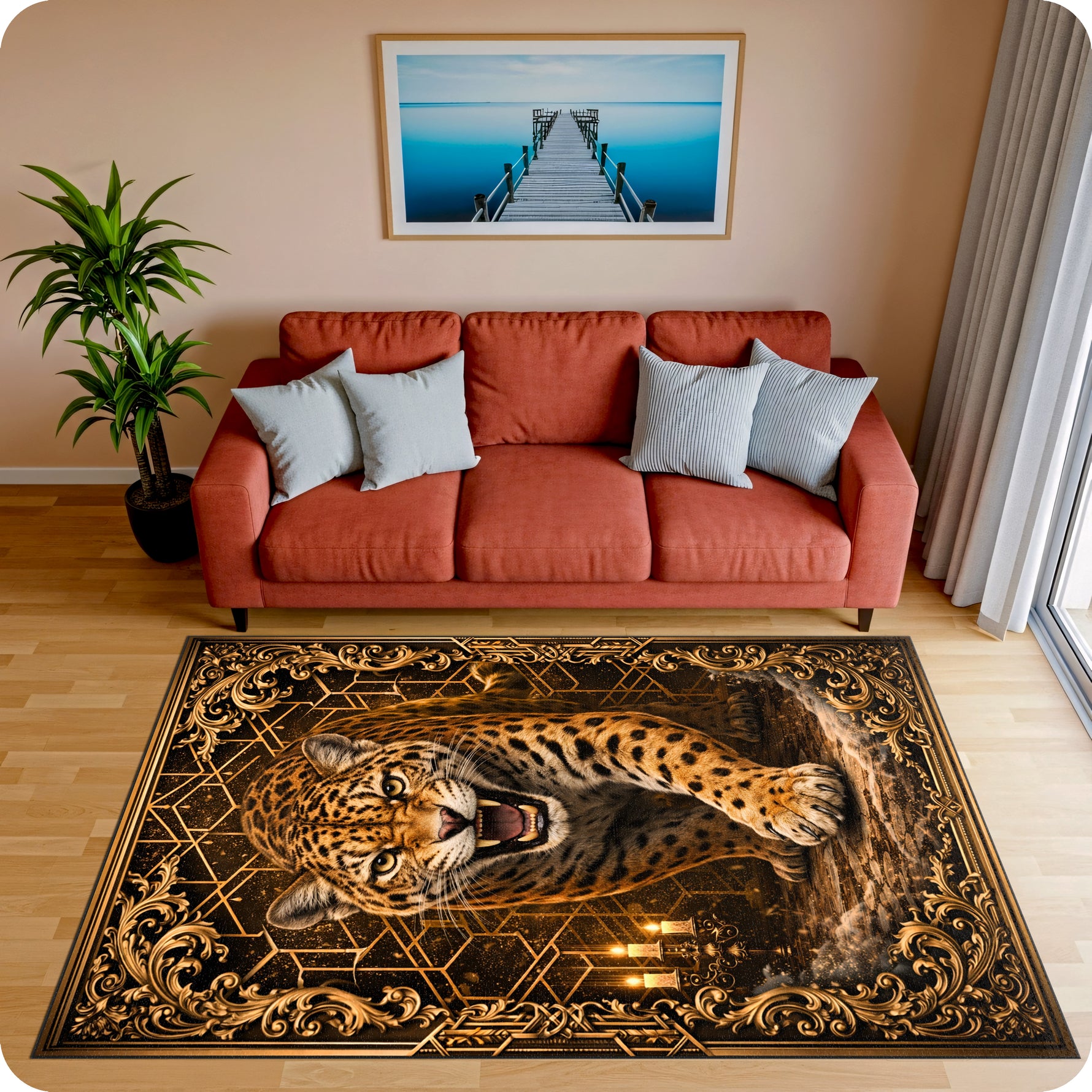 Oriental ve klasik stilin birleştiği dekoratif halı, merkezde gerçekçi leopar illüstrasyonu barındırır. Koyu zemin üzerinde yer alan figür, altın tonlu geometrik ve ornamental desenlerle çevrelenmiştir.