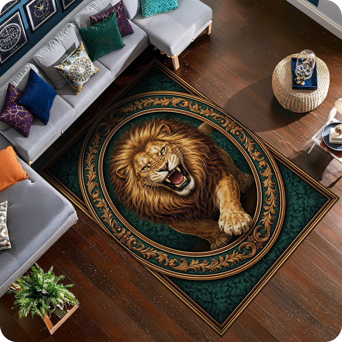 Klasik oriental persian tarzda hazırlanmış dekoratif halı, merkezde detaylı aslan figürü ile dikkat çeker. Yuvarlak madalyon ve kıvrımlı floral bordürler ile dengeli bir tasarım sunar.
