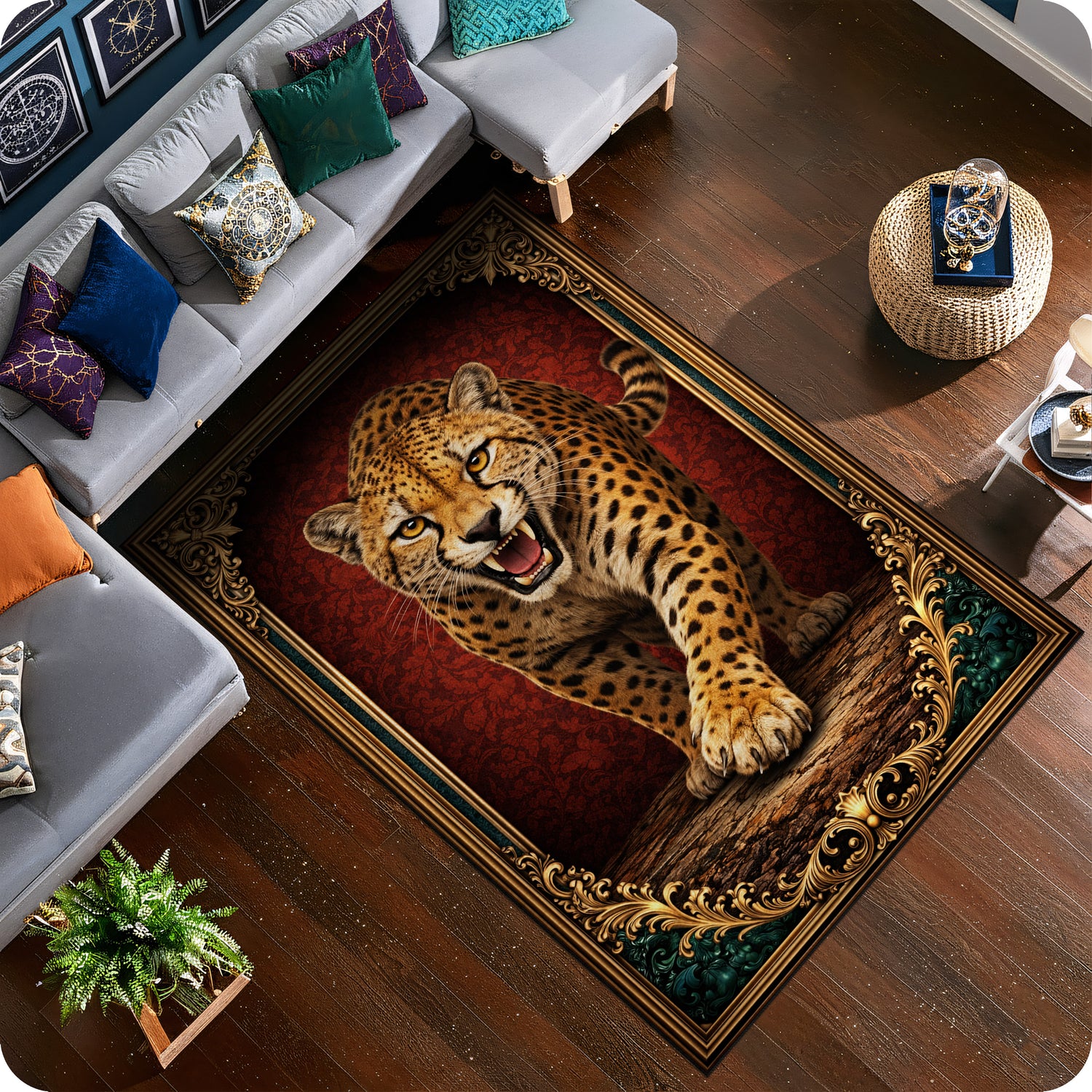 Barok ve persian etkili dekoratif halı tasarımı, merkezde agresif duruşa sahip leopar figürü ile öne çıkar. Koyu kırmızı zemin üzerinde detaylı illüstrasyon ve kıvrımlı ornamental bordürler dikkat çeker.