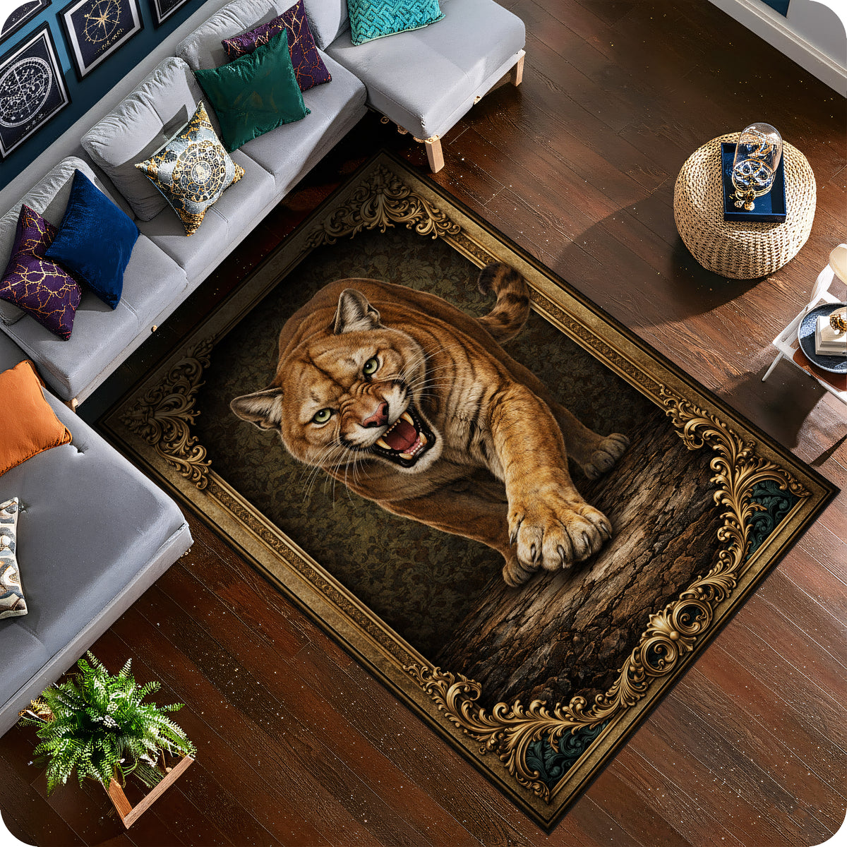 Klasik persian tarzda hazırlanmış dekoratif halı, merkezde güçlü ve detaylı puma figürü ile dikkat çeker. Koyu zemin üzerinde konumlanan figür, altın tonlu bordürlerle dengeli ve zengin bir görünüm sunar.