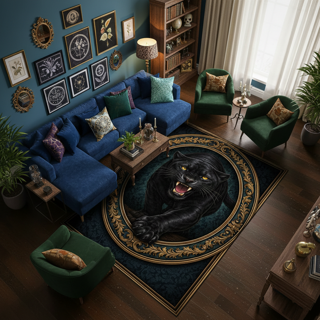 Klasik ve vintage stilde tasarlanmış dekoratif halı, merkezde detaylı işlenmiş siyah panter figürü içerir. Yuvarlak madalyon içinde yer alan figür, altın tonlu ornamental bordürlerle çevrelenmiştir.