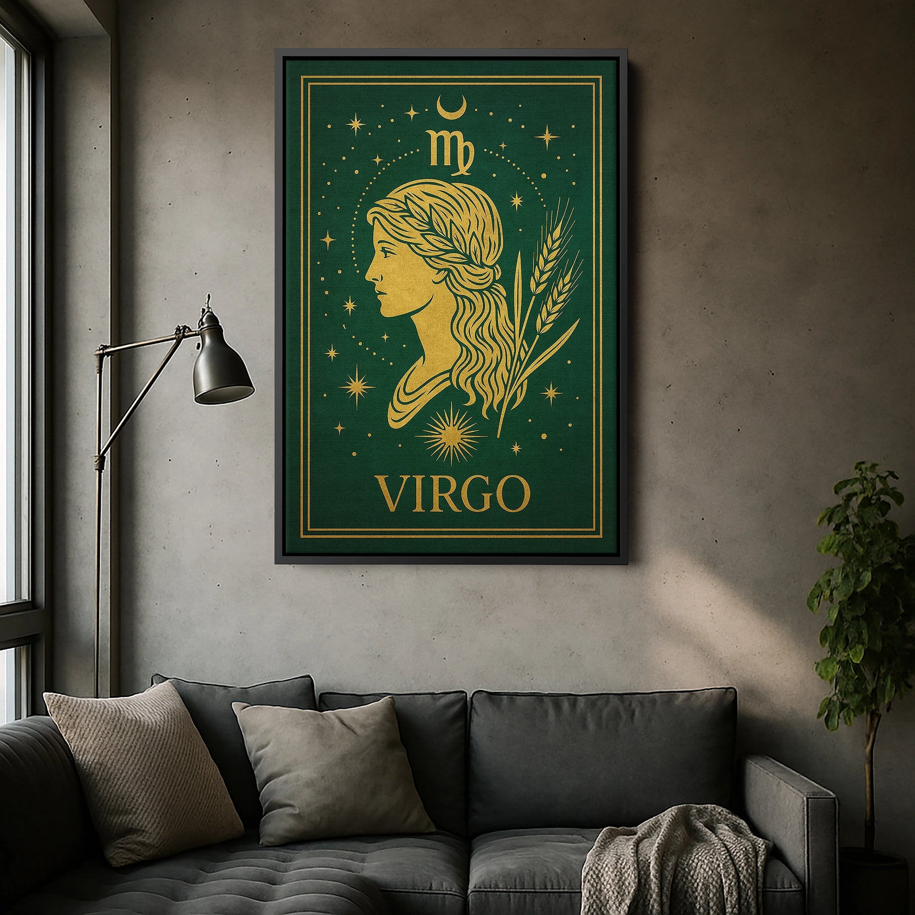 
Siyah çerçeveli kanvas tablo versiyonunda Virgo burcu illüstrasyonu, altın çizgiler ve astrolojik semboller siyah çerçeveyle daha güçlü kontrast oluşturur. Modern, sofistike ve premium bir görünüm sağlar. Ev ve ofis dekorasyonunda dikkat çeken estetik bir FabricUp sanat baskısıdır.