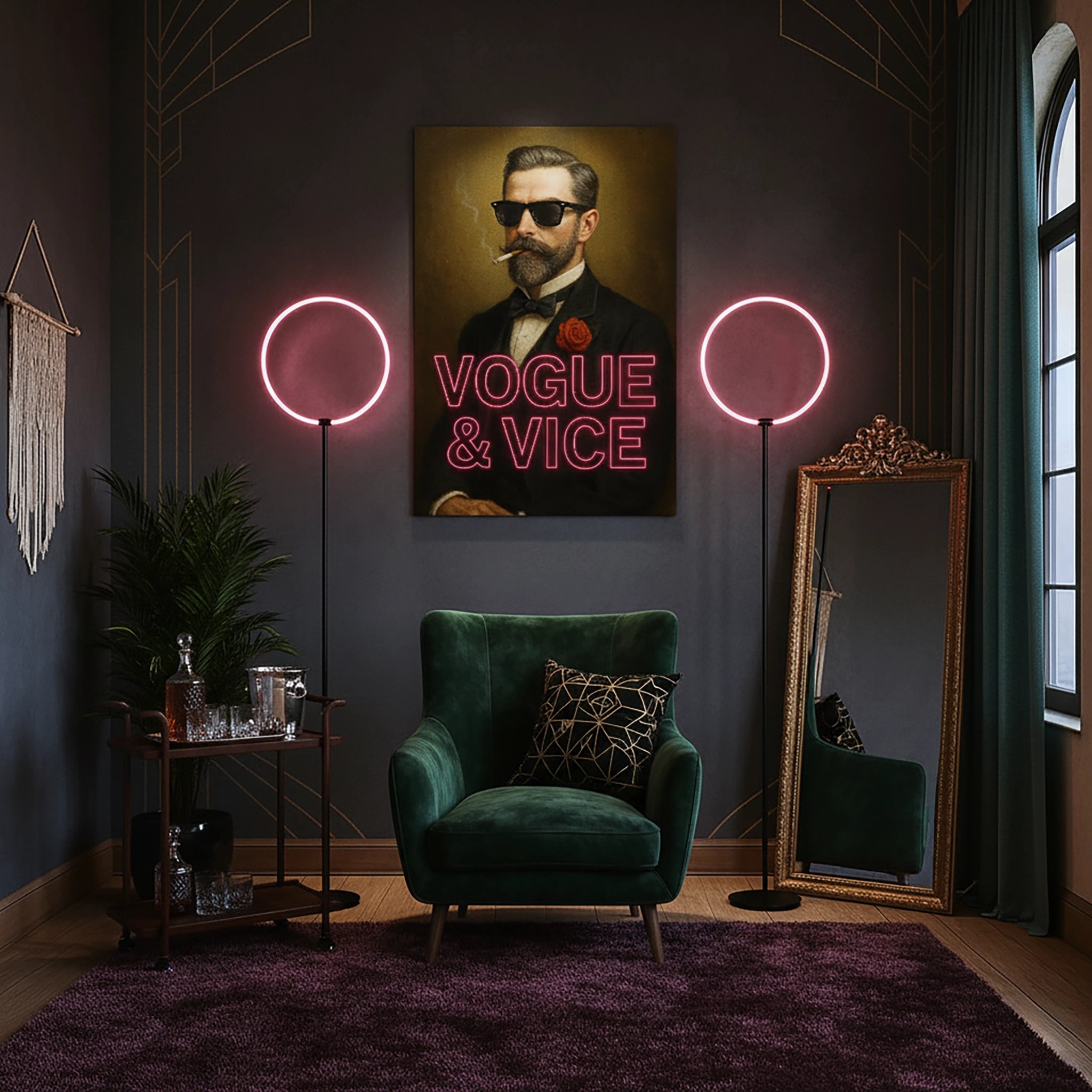 Çerçevesiz kanvas tablo, retro stil takım elbiseli erkek portresi ve VOGUE & VICE tipografisiyle tasarlanmış modern ve karizmatik bir duvar dekoru sunar. Yüksek çözünürlüklü baskı kalitesine sahip FabricUp dijital baskı, estetik, premium ve dikkat çekici dekorasyon için idealdir.