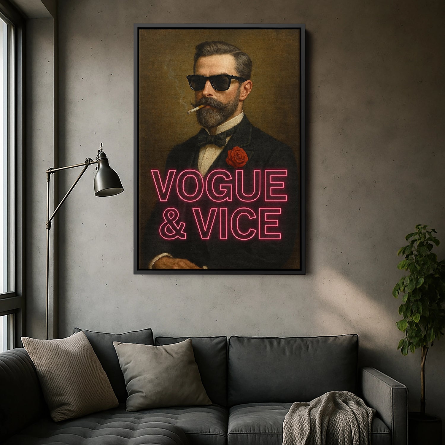 Siyah çerçeveli kanvas tablo, koyu zemin ve neon yazı detaylarıyla güçlü kontrast yaratan stil sahibi erkek portresi sayesinde dekoratif duvar dekoru tasarımı oluşturur. FabricUp dijital baskı teknolojisi ile yüksek çözünürlüklü, net ve canlı renklerde modern görünüm sağlar.