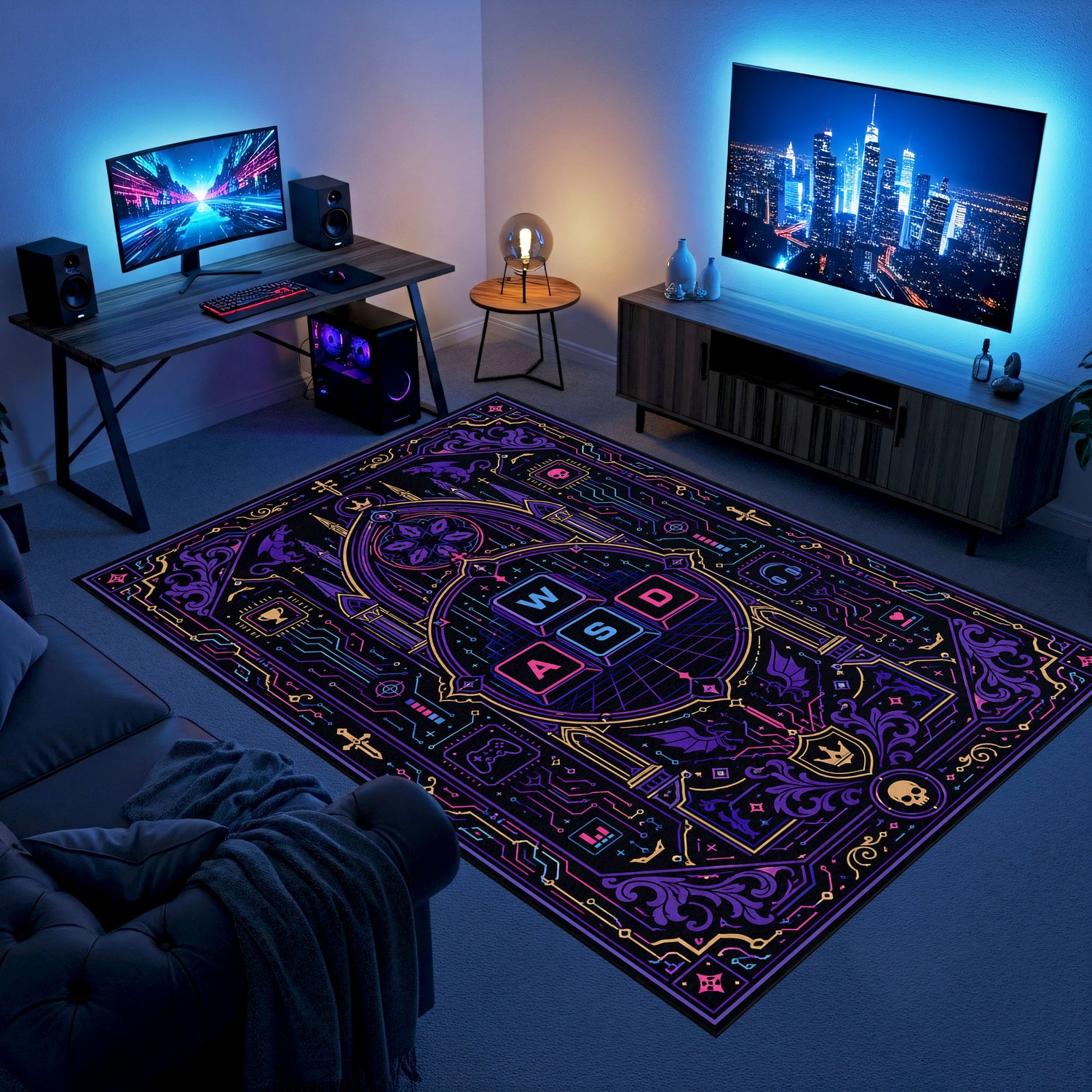 WASD Gotik Devre Gaming Halısı | Neon Mor Cyberpunk Desen Siyah