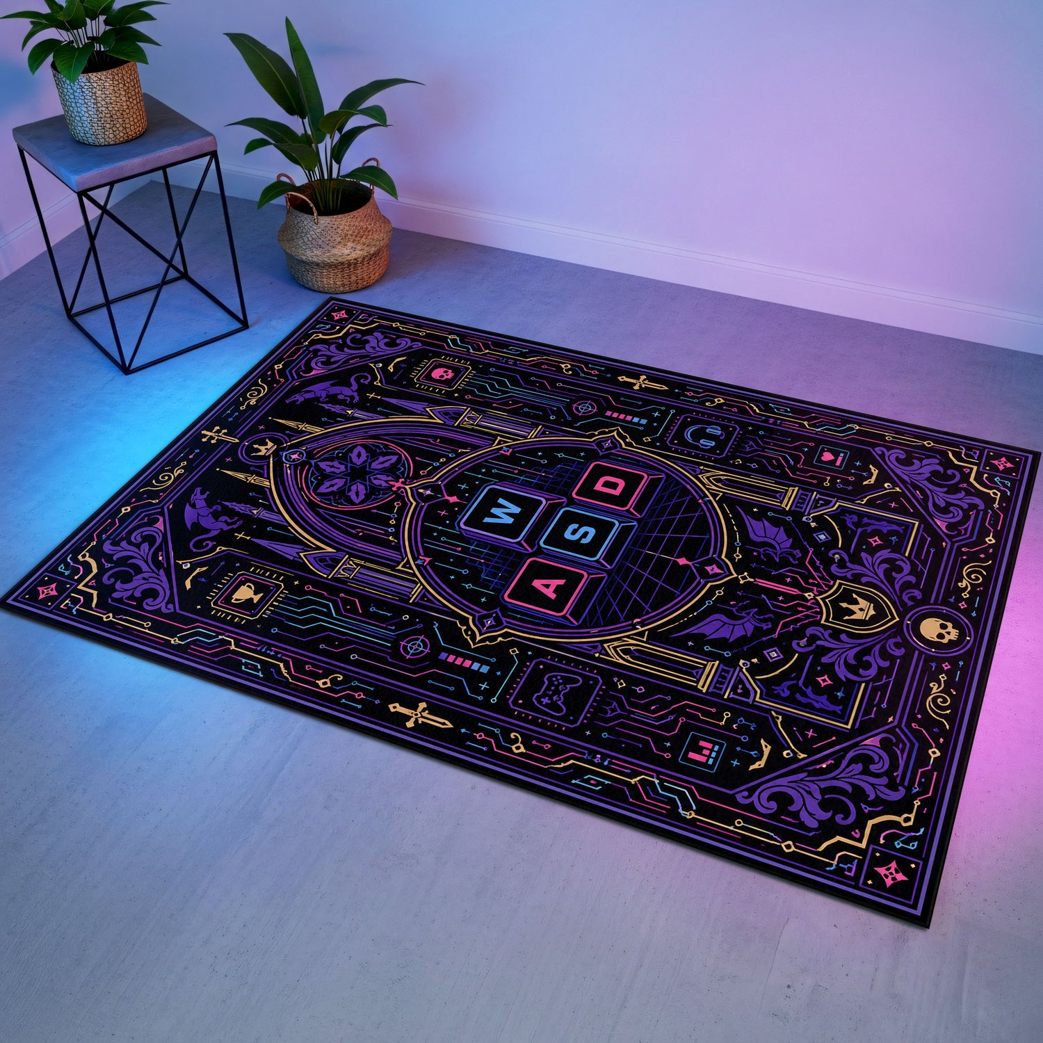 WASD Gotik Devre Gaming Halısı | Neon Mor Cyberpunk Desen Siyah