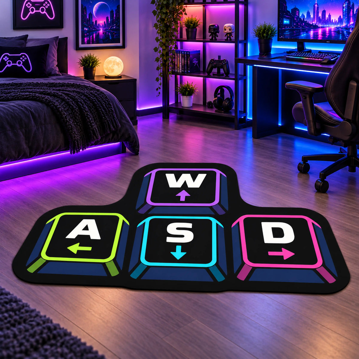 WASD Klavye Tuşu Formunda Gamer Halısı | Renkli Oyuncu Odası ve Genç Odası Halısı