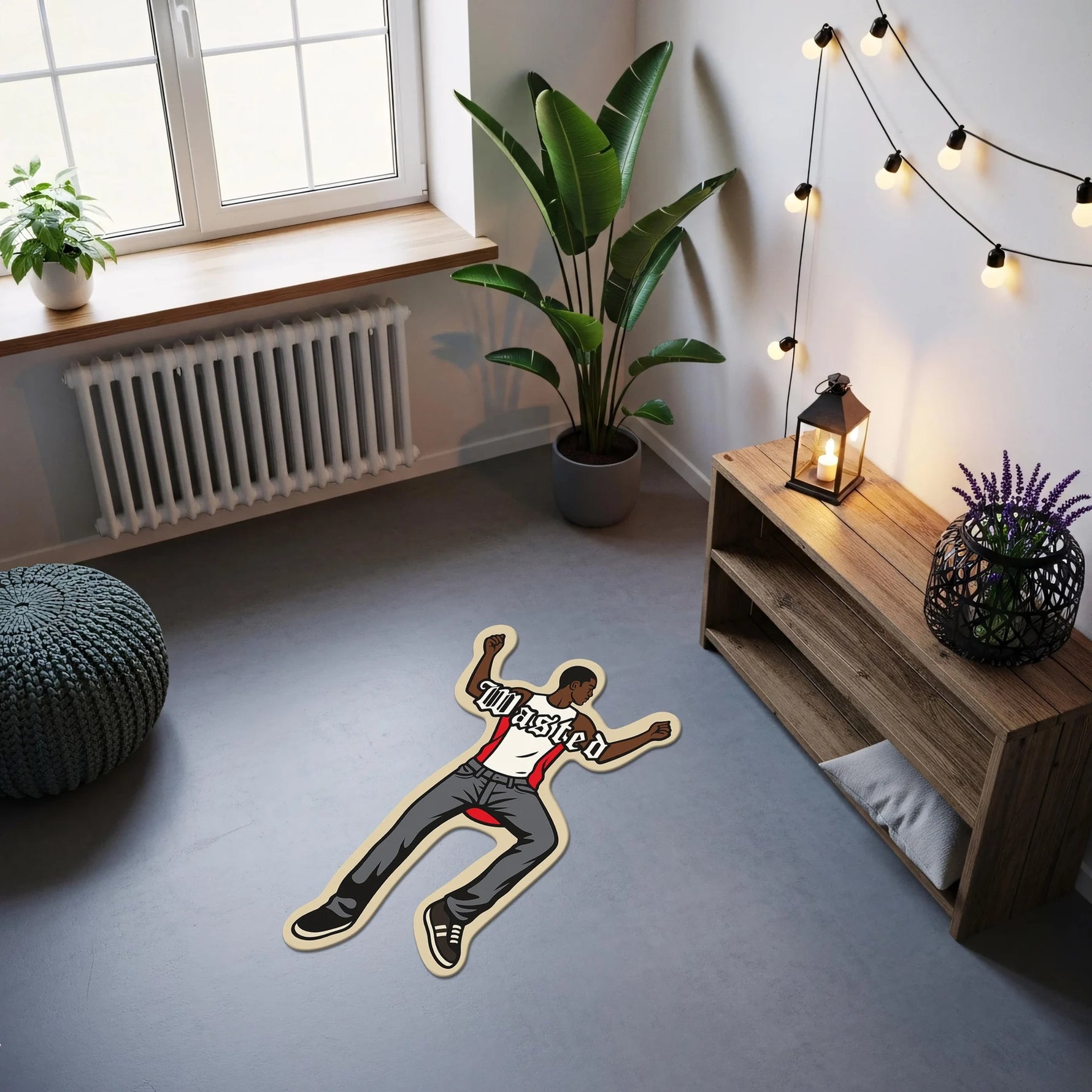 Grafik çizim tarzında tasarlanmış dansçı karakter, retro hip hop kültürü, sokak sanatı teması, tipografik logo detayı ve çizgi roman estetiğiyle bu halıyı modern, urban ve pop art dekorasyon stilleri için dikkat çekici bir parça haline getirir.
