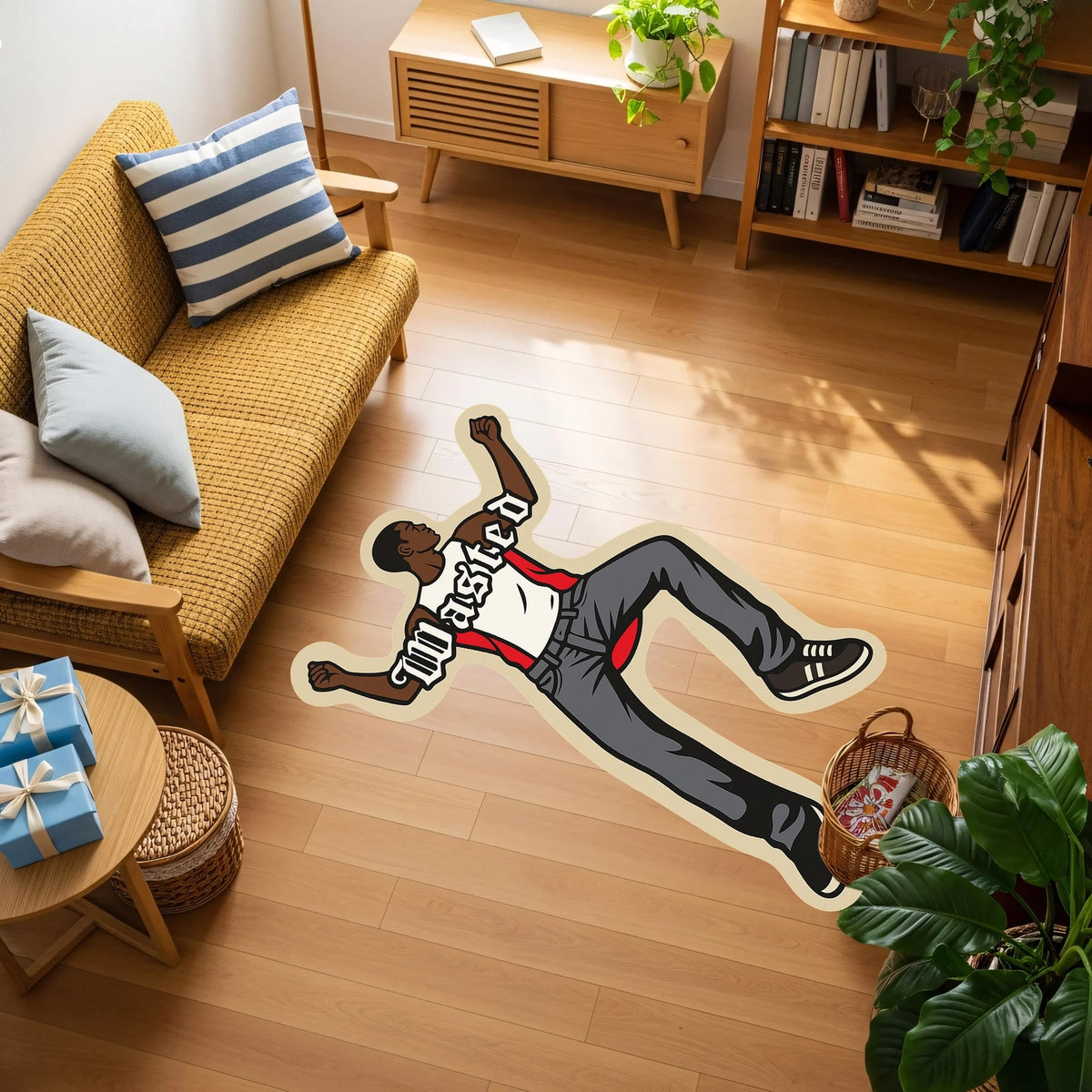 Hip hop dans pozundaki erkek karakter, çizgi roman estetiği, modern illüstrasyon stili, pop kültür teması ve dinamik tipografi vurgusuyla tasarlanan bu halı, sokak sanatı ve genç yaşam tarzını yansıtan güçlü bir görsel kompozisyona sahiptir.
