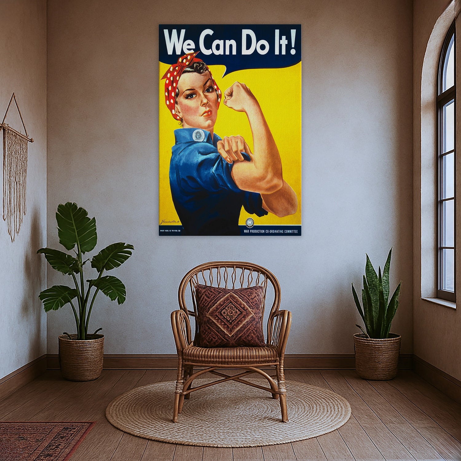 “We Can Do It” yazılı güçlü kadın figürüyle tasarlanan çerçevesiz kanvas tablo, retro pop art ve feminist poster estetiğini modern dekorasyona taşır. Canlı sarı ve mavi renkler yüksek çözünürlüklü baskıyla öne çıkar, ofis ve çalışma alanları için motive edici bir FabricUp tasarımıdır.