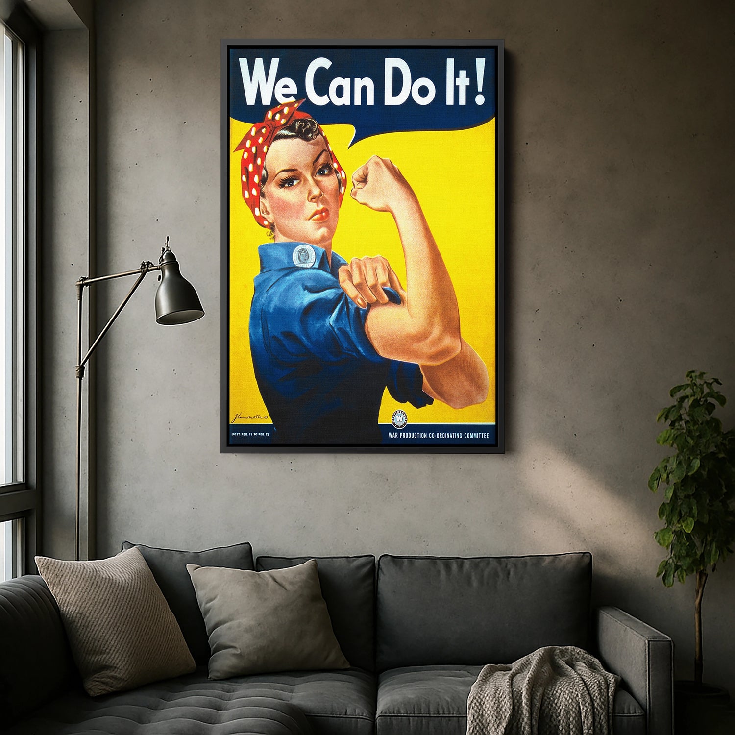 Siyah çerçeveli We Can Do It temalı kanvas tablo, koyu çerçeve kontrastıyla ikonik kadın figürünü daha dramatik gösterir. Vintage poster tarzı ve net baskı kalitesiyle ofis, stüdyo ve genç odalarında güçlü ve ilham verici bir FabricUp duvar dekoru sunar.