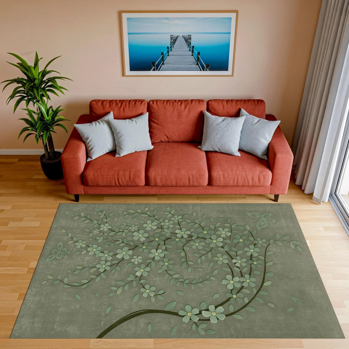 Açık ve koyu yeşil tonlarda işlenmiş yaprak halkaları ve bitkisel dallarla oluşturulan bu dijital baskı halı, botanik tema, doğal desen, minimal floral stil ve soft renk geçişleriyle zen, bohem ve modern yaşam alanlarına uyum sağlar.
