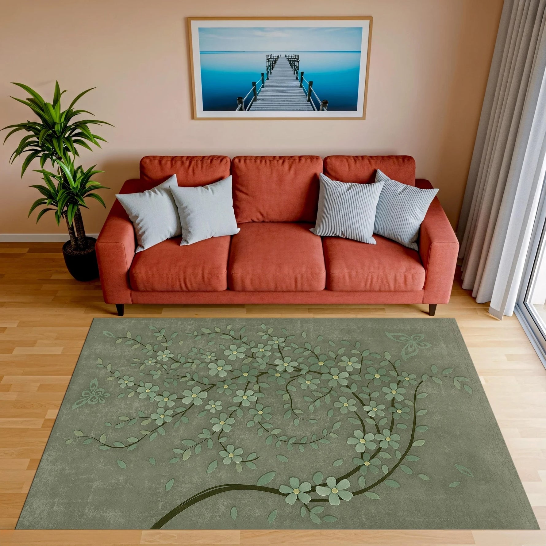 Açık ve koyu yeşil tonlarda işlenmiş yaprak halkaları ve bitkisel dallarla oluşturulan bu dijital baskı halı, botanik tema, doğal desen, minimal floral stil ve soft renk geçişleriyle zen, bohem ve modern yaşam alanlarına uyum sağlar.
