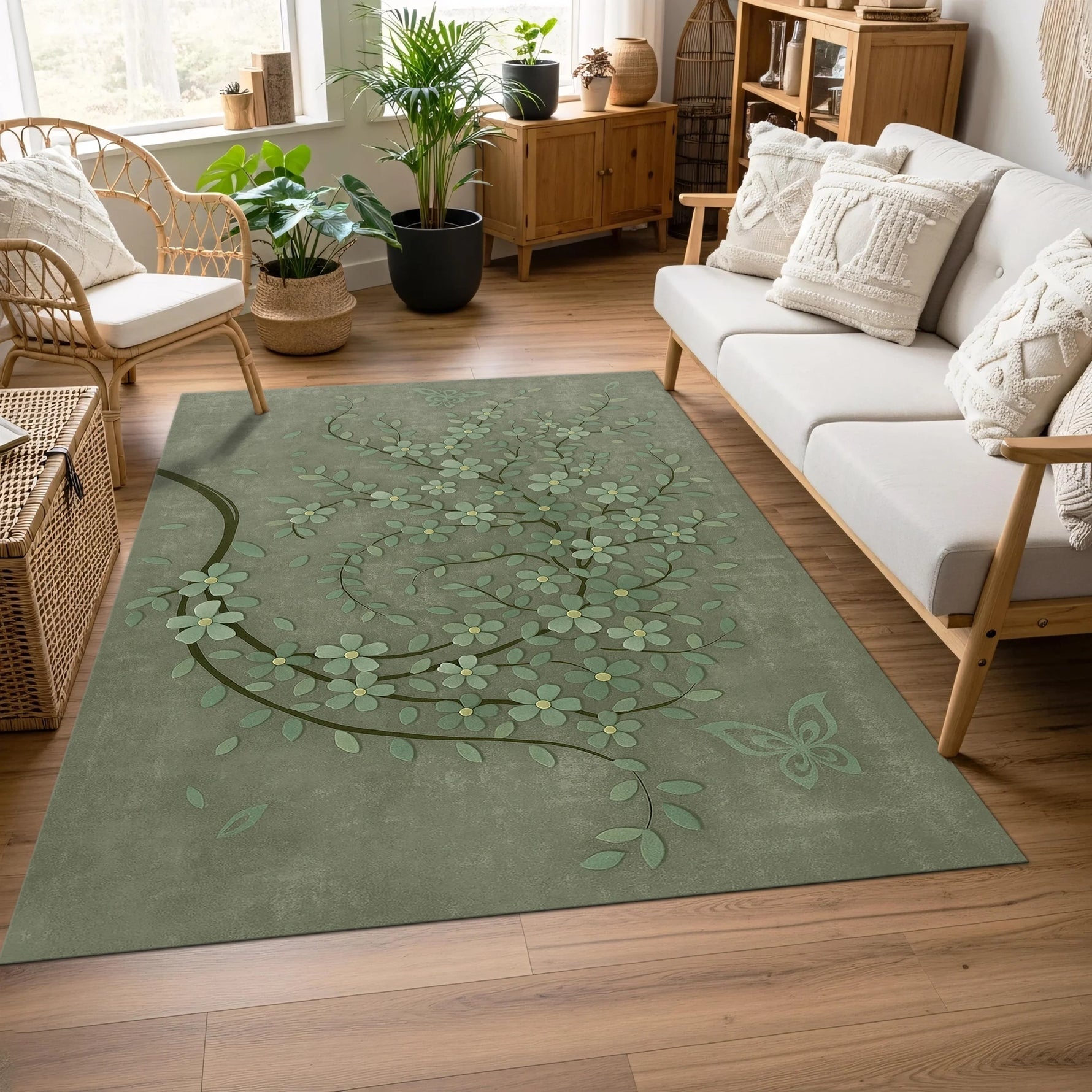 Yaprak motiflerinden oluşan spiral kompozisyonu ve mat yeşil zemin dokusuyla hazırlanan bu botanik temalı halı, natural dekorasyon, skandinav stil, floral minimalizm ve modern iç mekan tasarımlarına uyumlu estetik bir zemin oluşturur.
