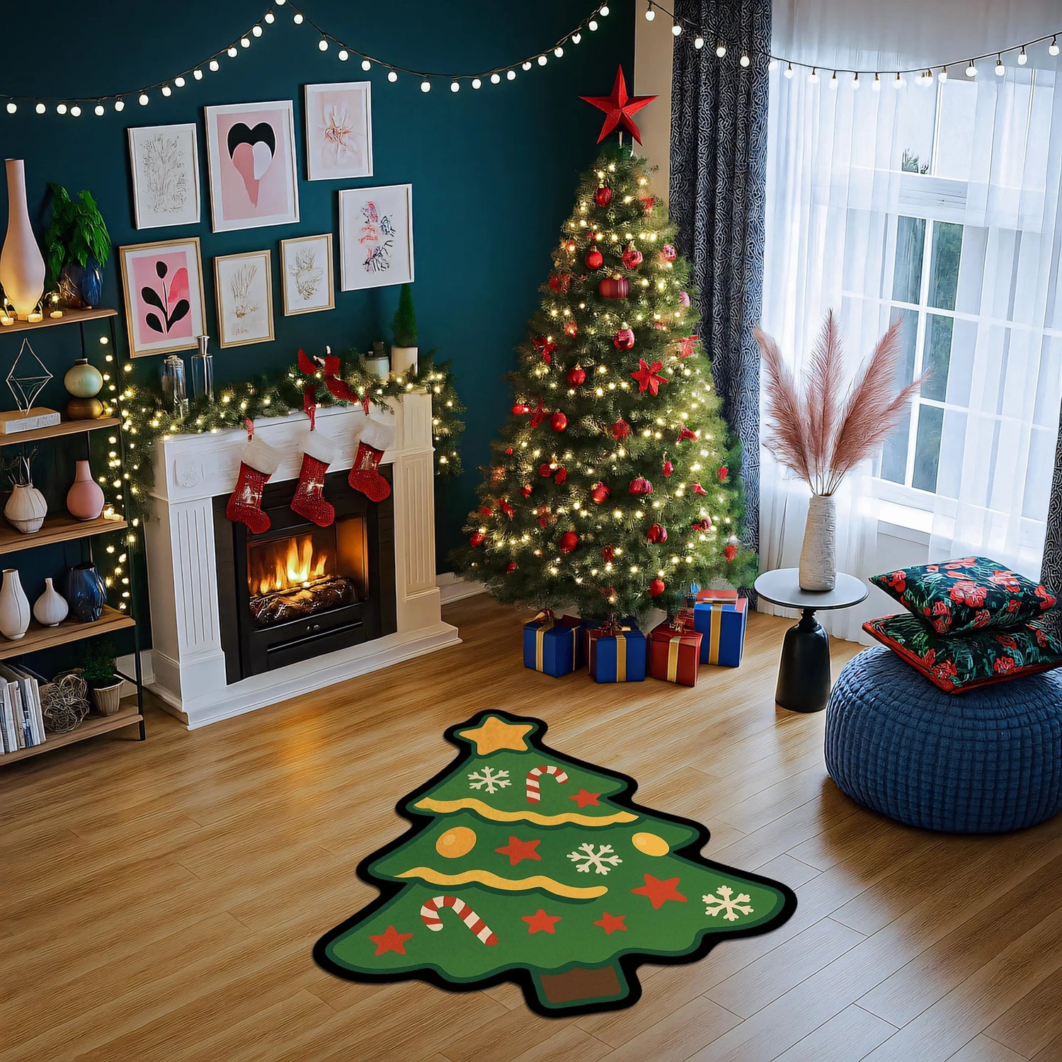 Çam ağacı formunda özel kesim halı; yeşil zemin üzerinde sarı yıldız tepe süsü, kırmızı yıldız figürleri, beyaz kar tanesi motifleri ve kırmızı-beyaz baston şeker detaylarıyla tasarlanmış, kalın siyah konturlu, yılbaşı temalı çizgi film stilinde grafik yüzey.
