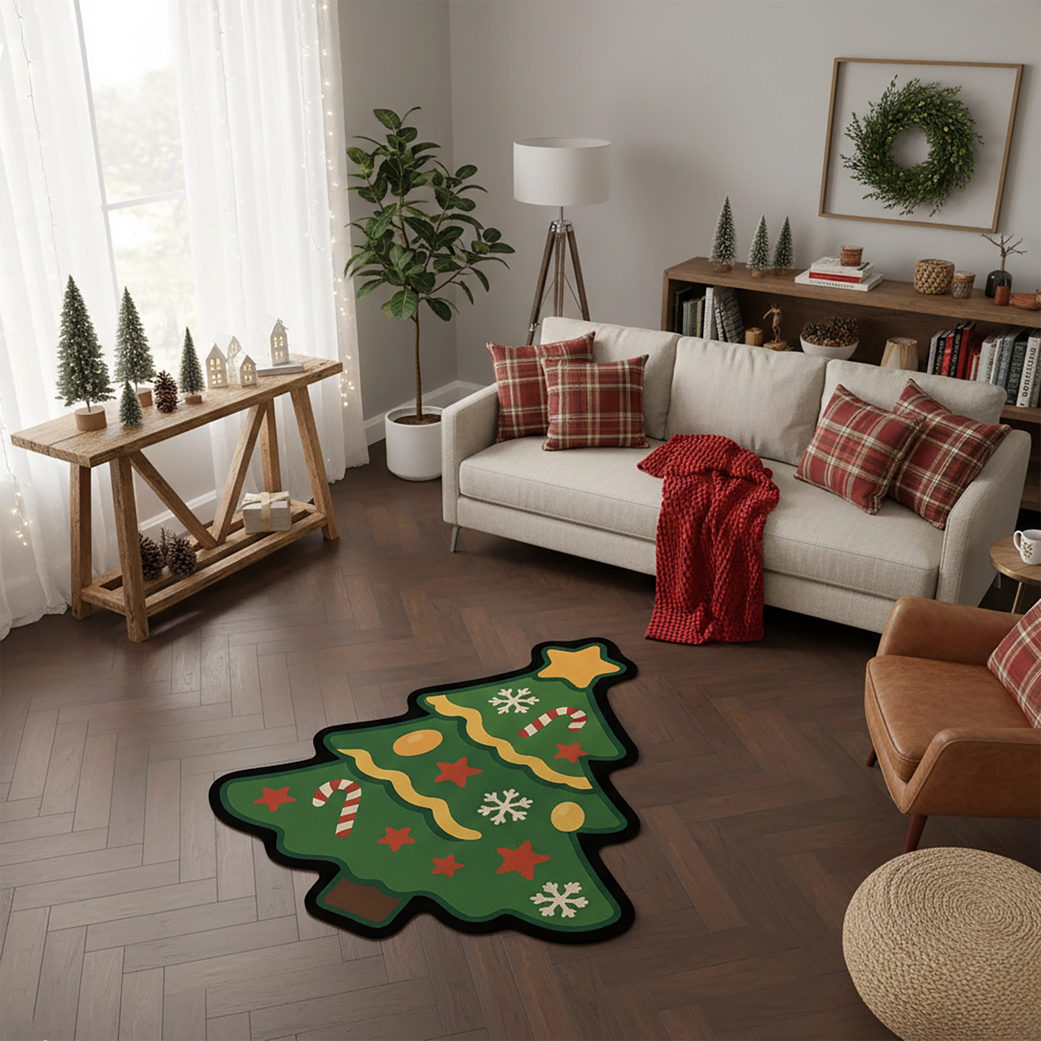 Çam ağacı formunda özel kesim halı; yeşil zemin üzerinde sarı yıldız tepe süsü, kırmızı yıldız figürleri, beyaz kar tanesi motifleri ve kırmızı-beyaz baston şeker detaylarıyla tasarlanmış, kalın siyah konturlu, yılbaşı temalı çizgi film stilinde grafik yüzey.
