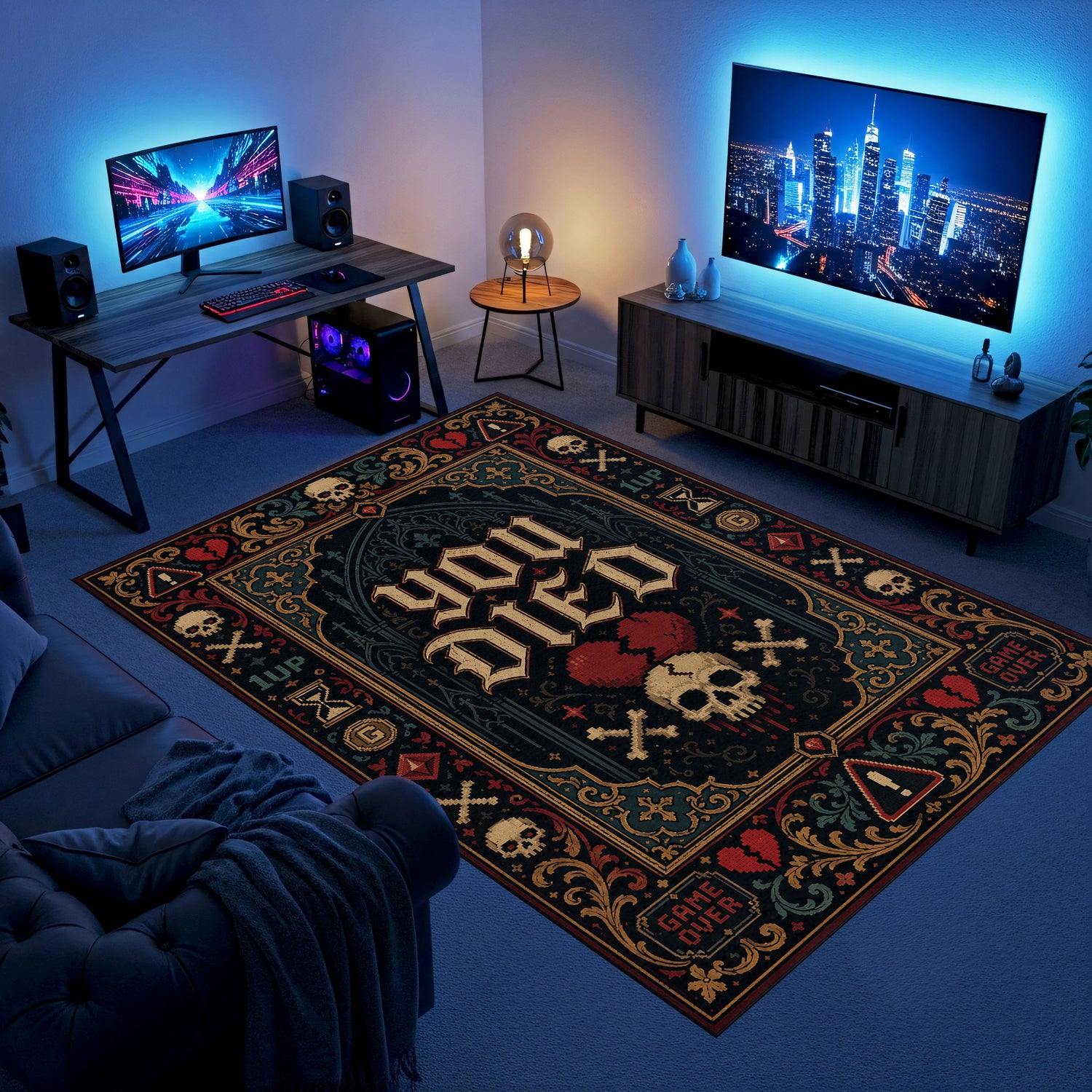 You Died Gothic Gaming Halısı | Game Over Kurukafa Gotik Desen Siyah