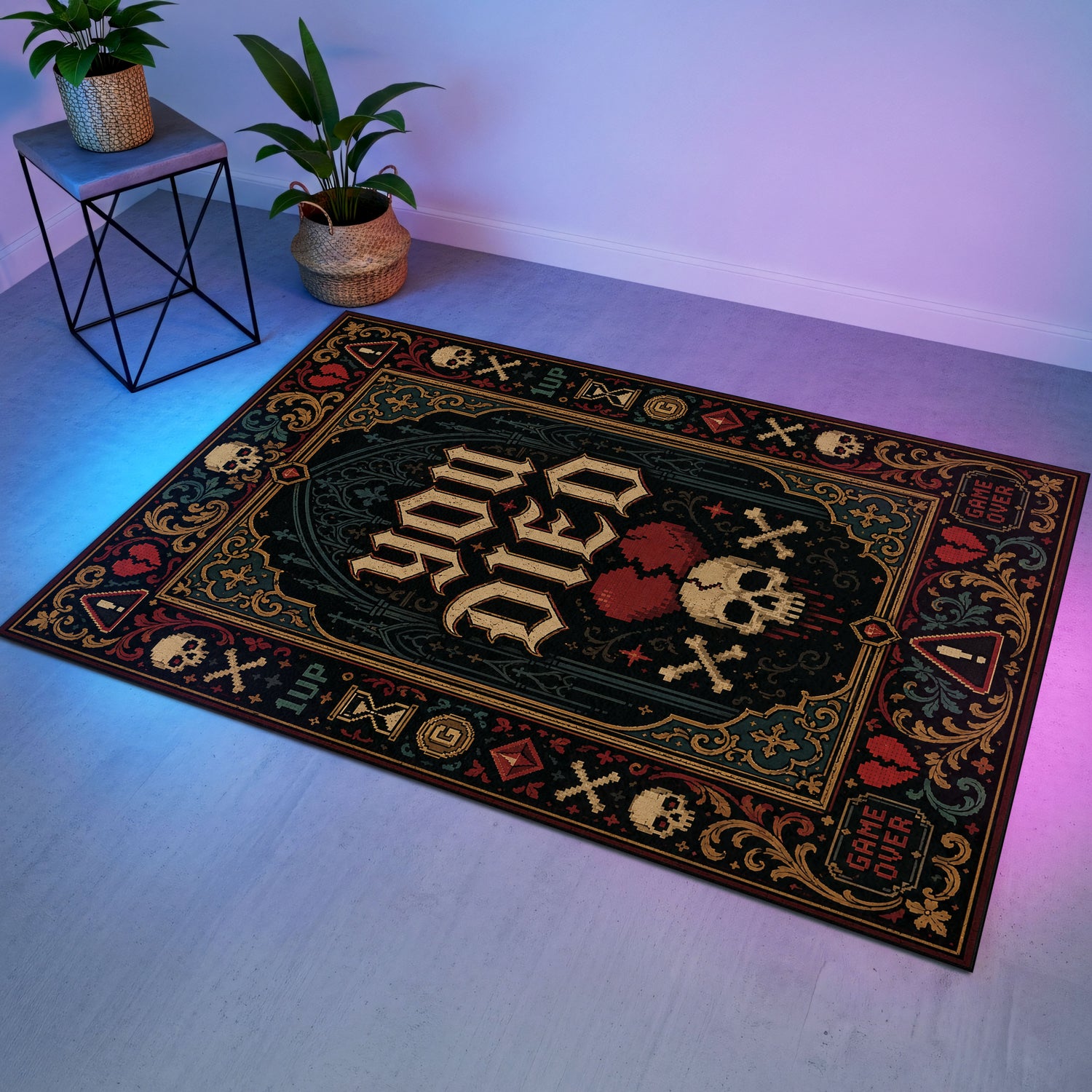 You Died Gothic Gaming Halısı | Game Over Kurukafa Gotik Desen Siyah