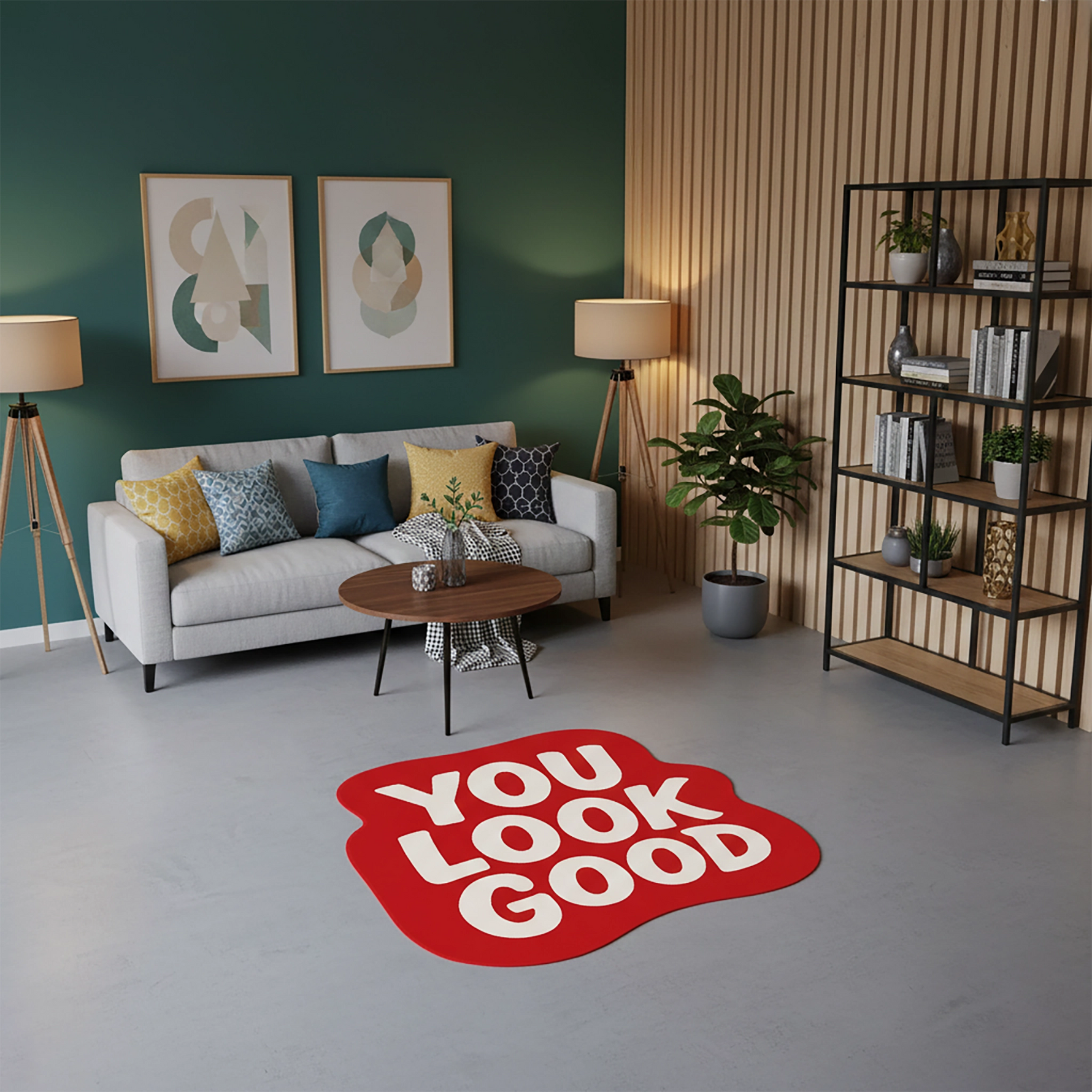 Grafik tasarım odaklı mesaj halısı; yuvarlak konturlu kırmızı form, merkezde büyük ve okunaklı beyaz “YOU LOOK GOOD” yazısı, pop art etkili, sade renk paleti ve güçlü tipografik vurgusuyla öne çıkan baskılı ürün.
