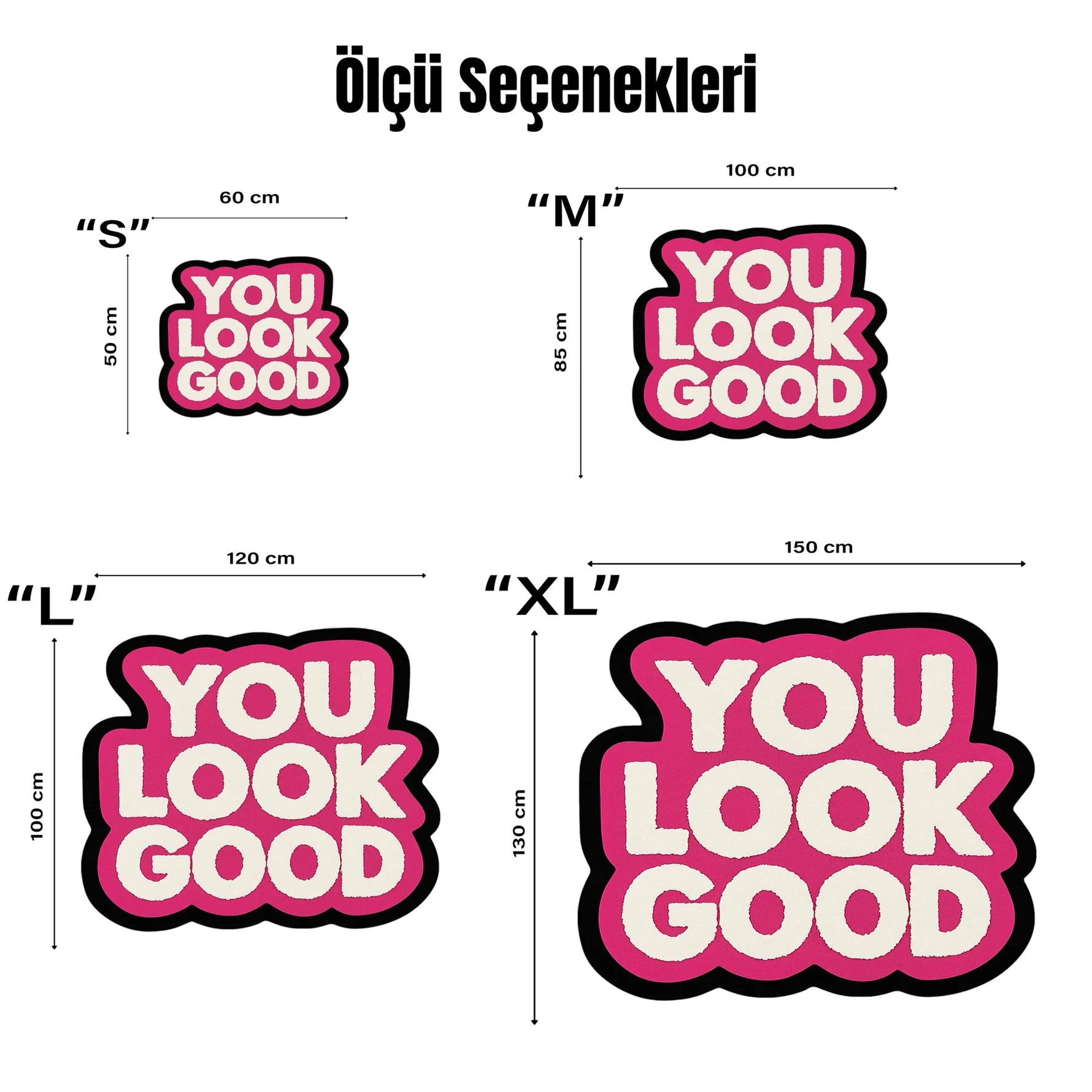 FabricUp inspirational typography rug, YOU LOOK GOOD yazılı modern pop stil, grafik sanat estetiği, sloganlı zemin tasarımı, özgüven, pozitiflik ve çağdaş yaşam tarzını yansıtan dekoratif halı.
