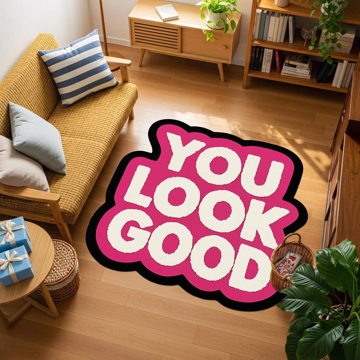 FabricUp tipografi temalı halı, YOU LOOK GOOD yazılı pop art tasarım, pozitif mesajlı modern grafik stil, pembe siyah kontrastlı dekoratif zemin halısı, motivasyon, genç odası, urban dekor, statement floor art.
