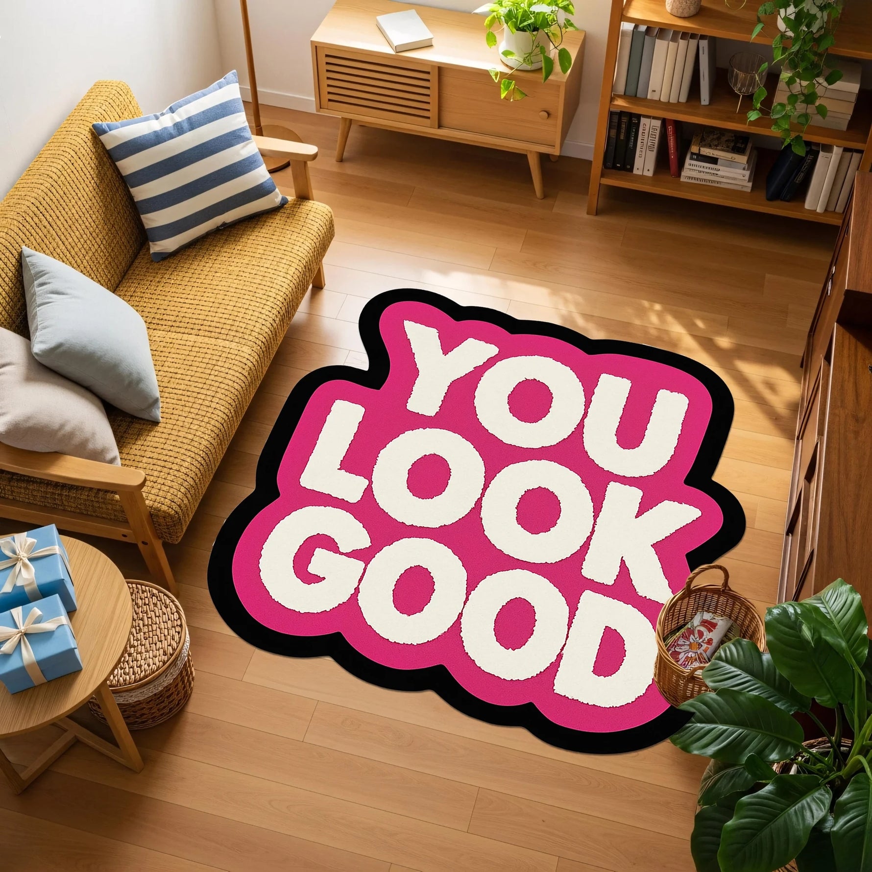 FabricUp tipografi temalı halı, YOU LOOK GOOD yazılı pop art tasarım, pozitif mesajlı modern grafik stil, pembe siyah kontrastlı dekoratif zemin halısı, motivasyon, genç odası, urban dekor, statement floor art.

