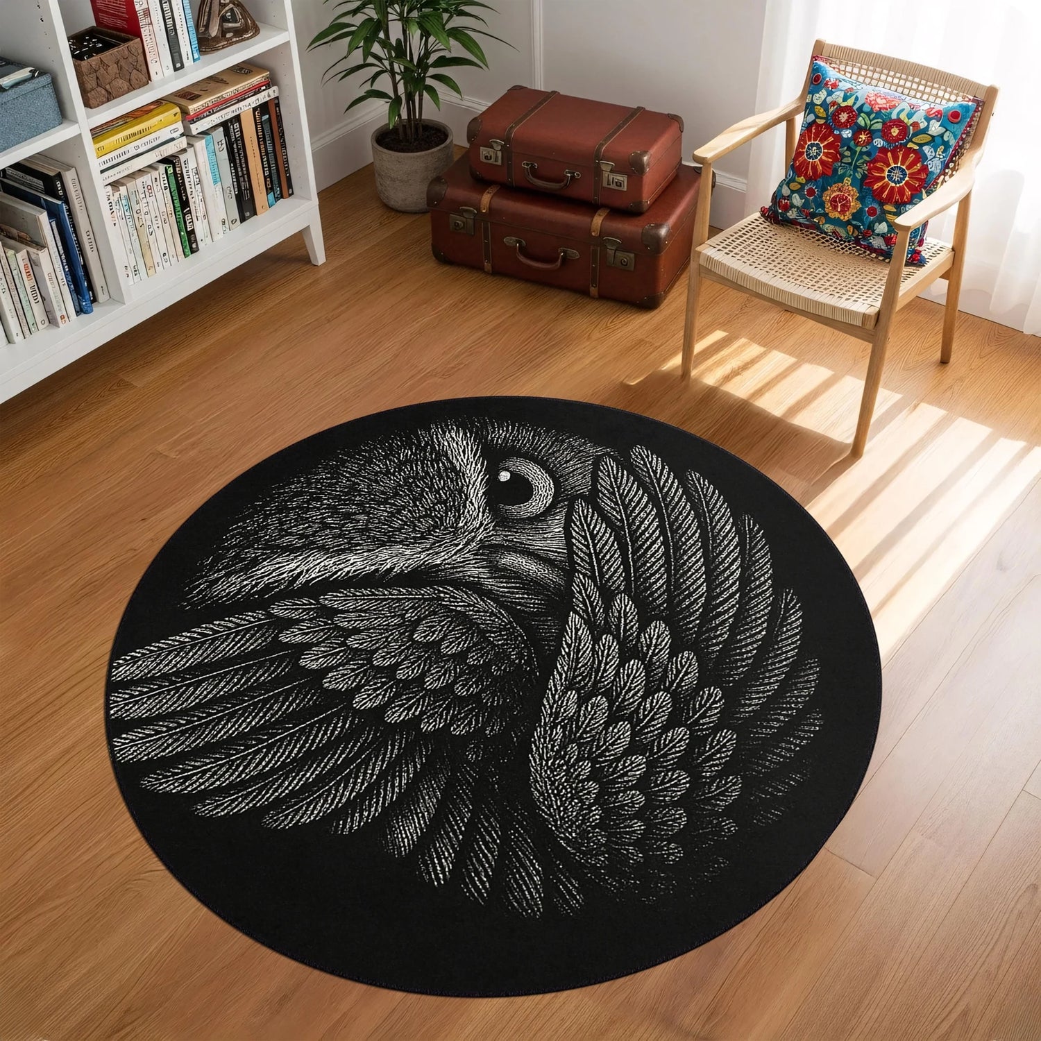 Modern figüratif tasarıma sahip yuvarlak halı modeli; merkezde kanatlarını sarmal biçimde kapatmış baykuş figürü yer alır. İnce çizgilerle oluşturulan tüy detayları yüksek kontrast sağlar. Gizemli, güçlü ve sanatsal bir ürün tasarımıdır.
